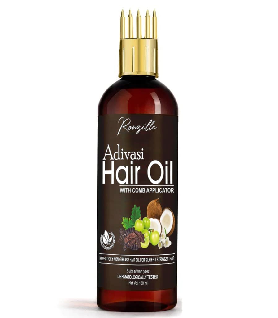 Ronzille Adivasi Herbal Hair Oil for Hair Growth & Anti Hair Fall - 100ml with Comb Applicator | Natural Ayurvedic Treatment for Thick & Healthy Hair | Perfect for Daily Scalp Massage & Hair Care Routine