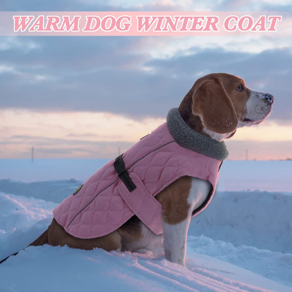 Warm Windproof Dog Winter Jackets with Fleece Lining & Reflective Strips - Furry Collar Winter Coats for Large Dogs (Pink) - Perfect for Cold Weather Walks & Outdoor Adventures