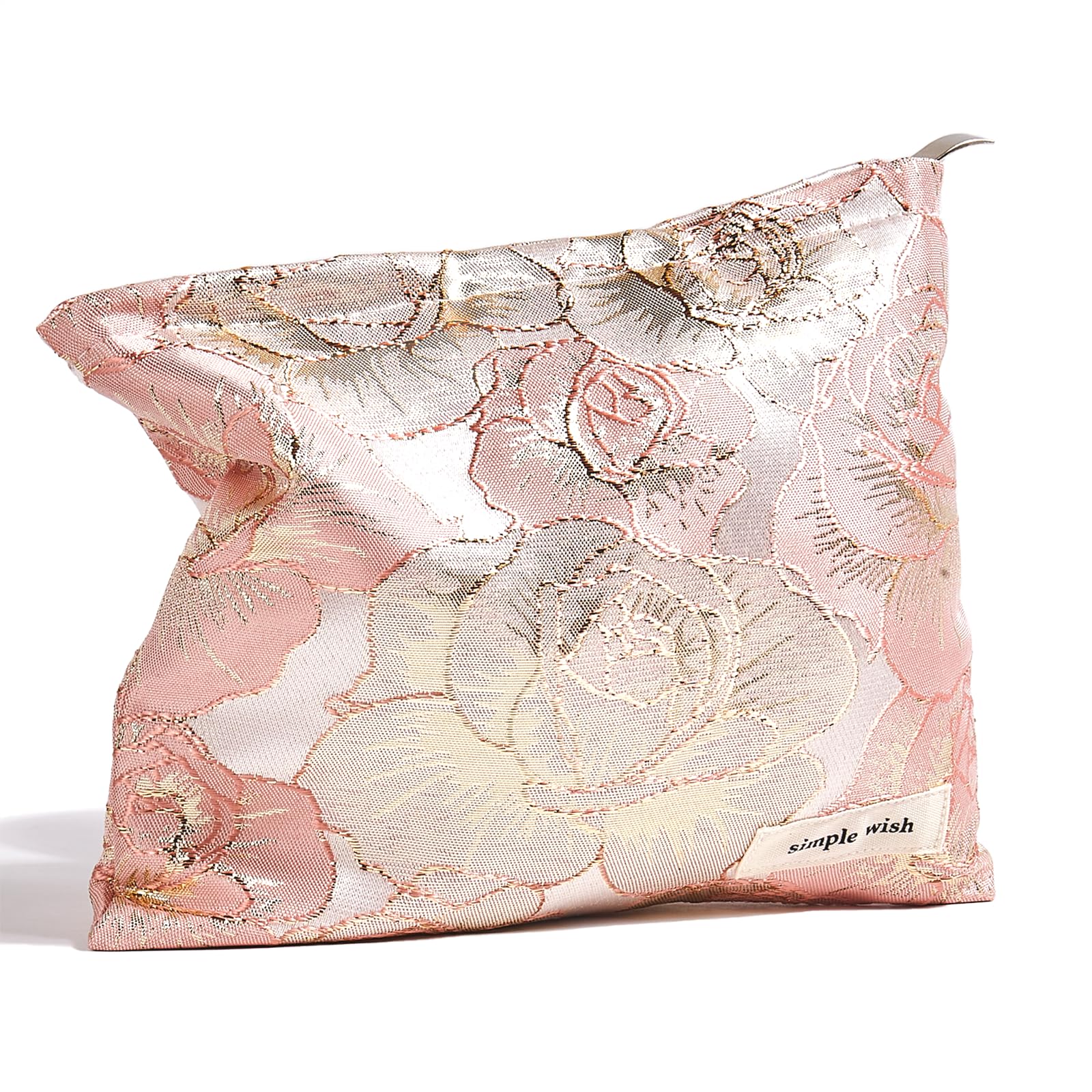 Small Preppy Embroidery Canvas Makeup Bag for Women - Cute Zipper Pouch Cosmetic Organizer, Travel Toiletry Bag (Gold Pink Flowers, Small) - Perfect for Daily Essentials & Weekend Getaways