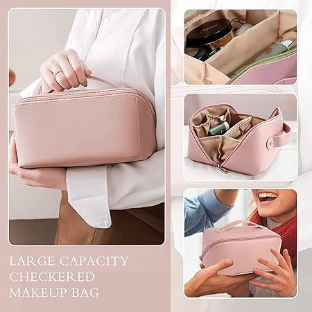 KEYMAX 12cm Large Capacity Cosmetic Travel Bag for Women - Portable Leather Makeup Organizer with Handle & Divider - Wide Opening Makeup Storage Bag (Light Pink) - Perfect for Travel, Gym & Daily Cosmetics Organization