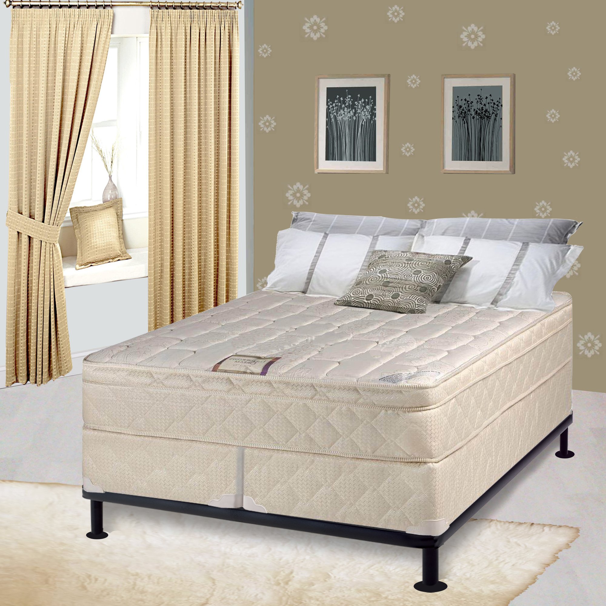 Medium Plush Eurotop Pillowtop Innerspring Mattress with 4-Inch Low Profile Wood Foundation Set - Twin XL Size, Fully Assembled | Perfect for Guest Rooms, Dorms & Small Bedrooms