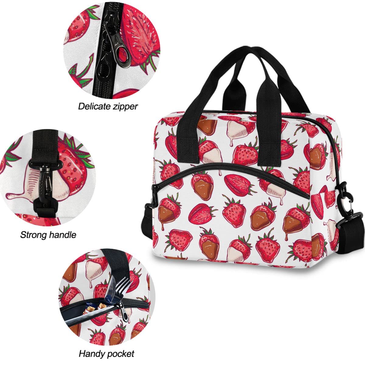 Insulated Lunch Bag for Women & Men - Reusable Leakproof Cooler Tote with Strawberry Chocolate Design - Perfect for Work, School, Picnics & Outdoor Activities