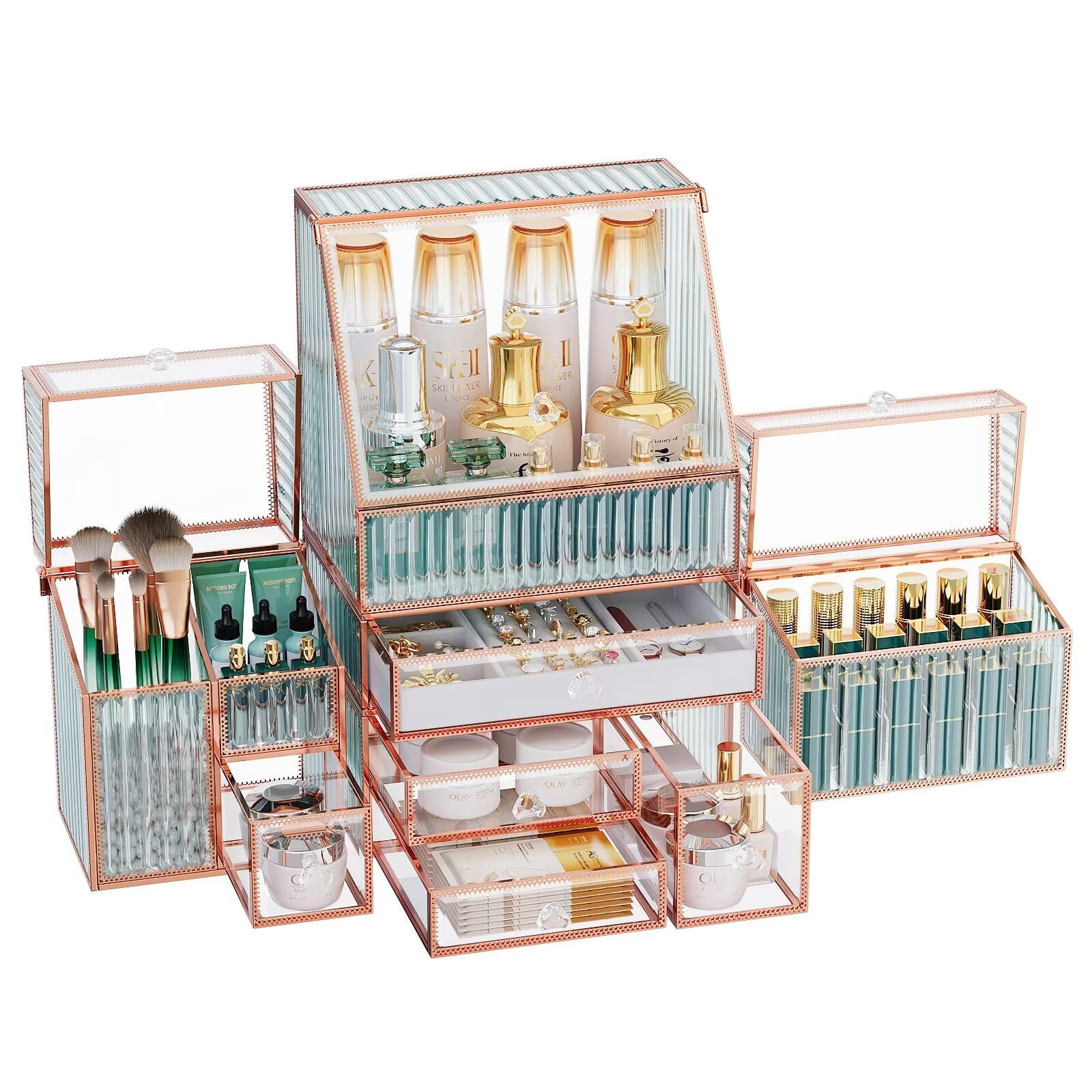 Premium Stackable Tempered Glass Makeup Organizer - Luxury Cosmetic Storage for Bathroom Countertop, Skincare, Jewelry, Lipstick, Perfume & Brushes | Perfect for Vanity, Dressing Table & Travel Beauty Organization