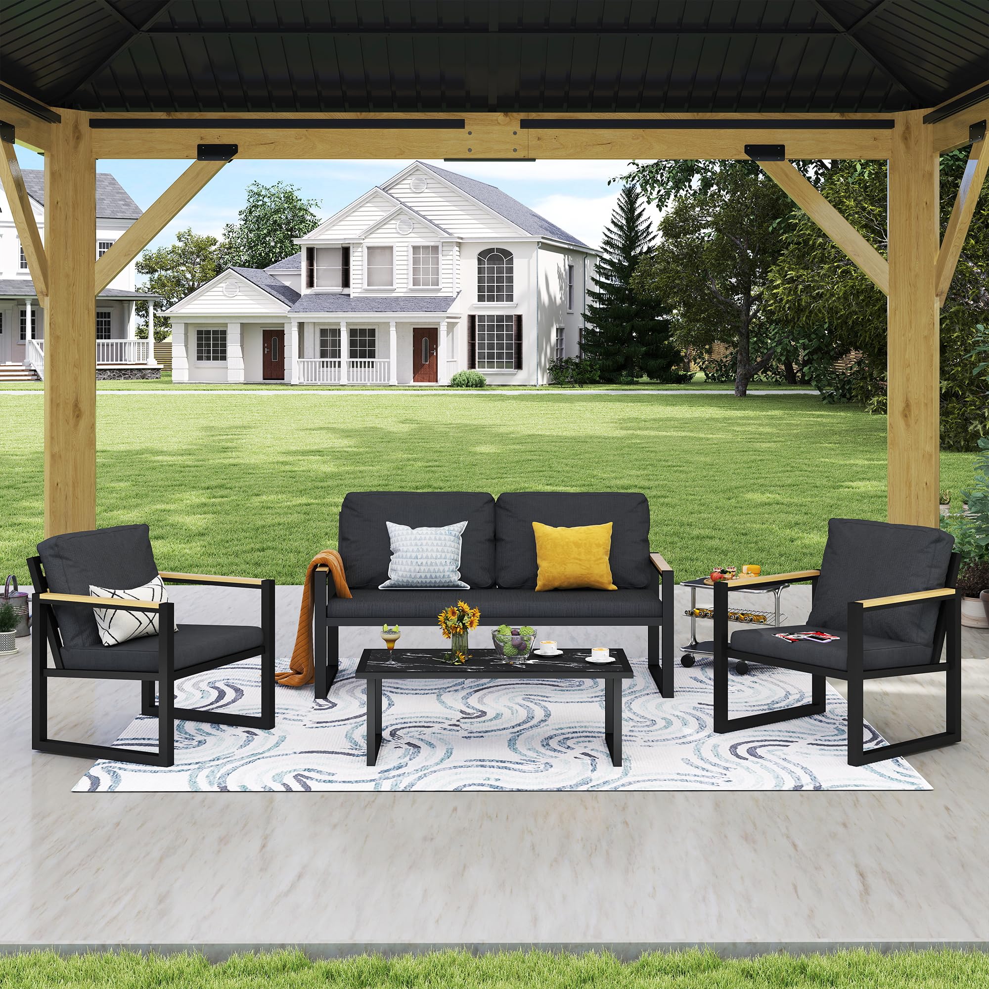 4-Piece Outdoor Patio Furniture Set - Aluminum Conversation Sofa with Coffee Table & Cushioned Chairs - Durable Garden, Backyard, Porch, Lawn, Poolside & Deck Set for Relaxing & Entertaining