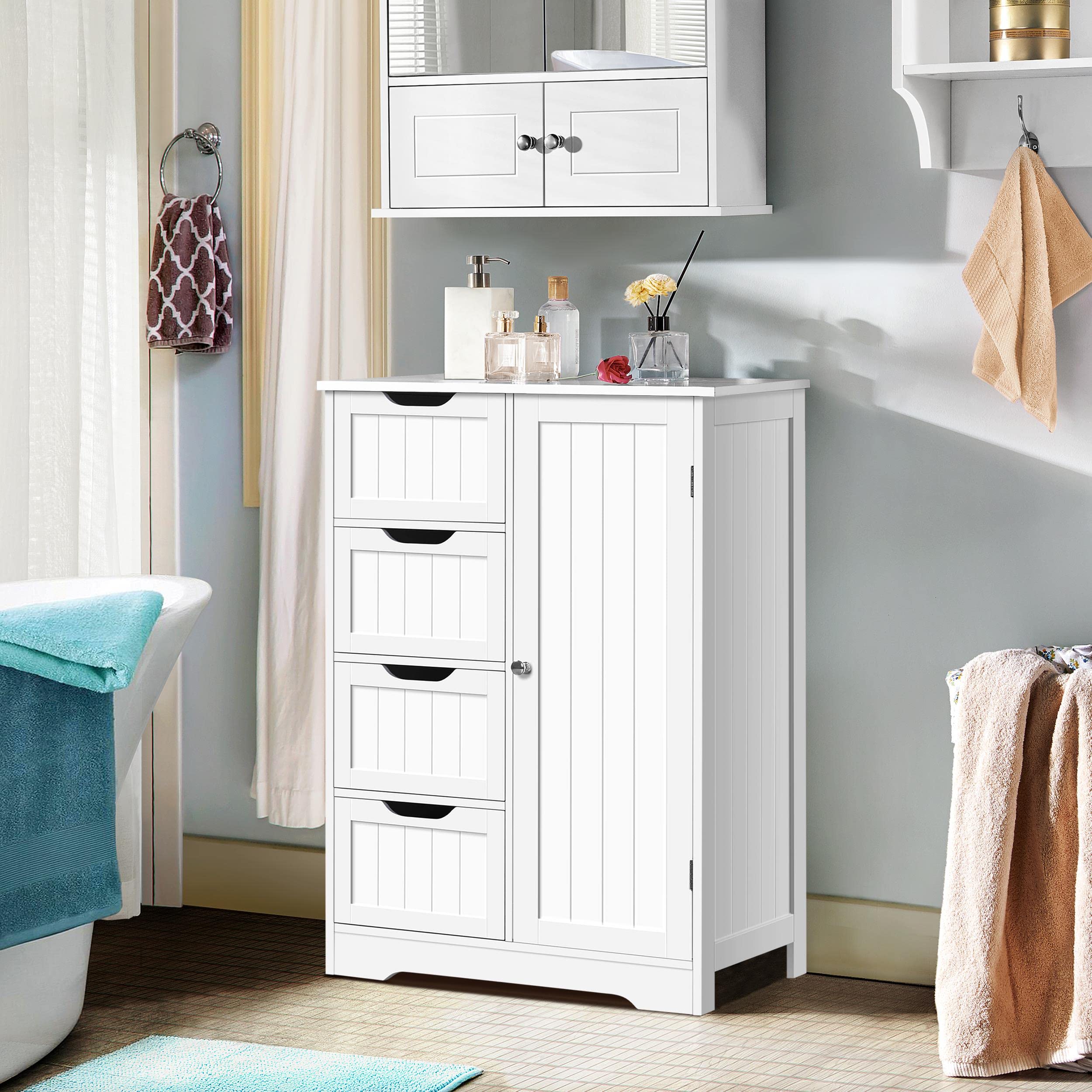 Topeakmart White Freestanding Bathroom Storage Cabinet with 4 Drawers & Door - Organize Living Room, Hallway, or Bedroom - Space-Saving Floor Cabinet for Towels, Toiletries & Home Essentials