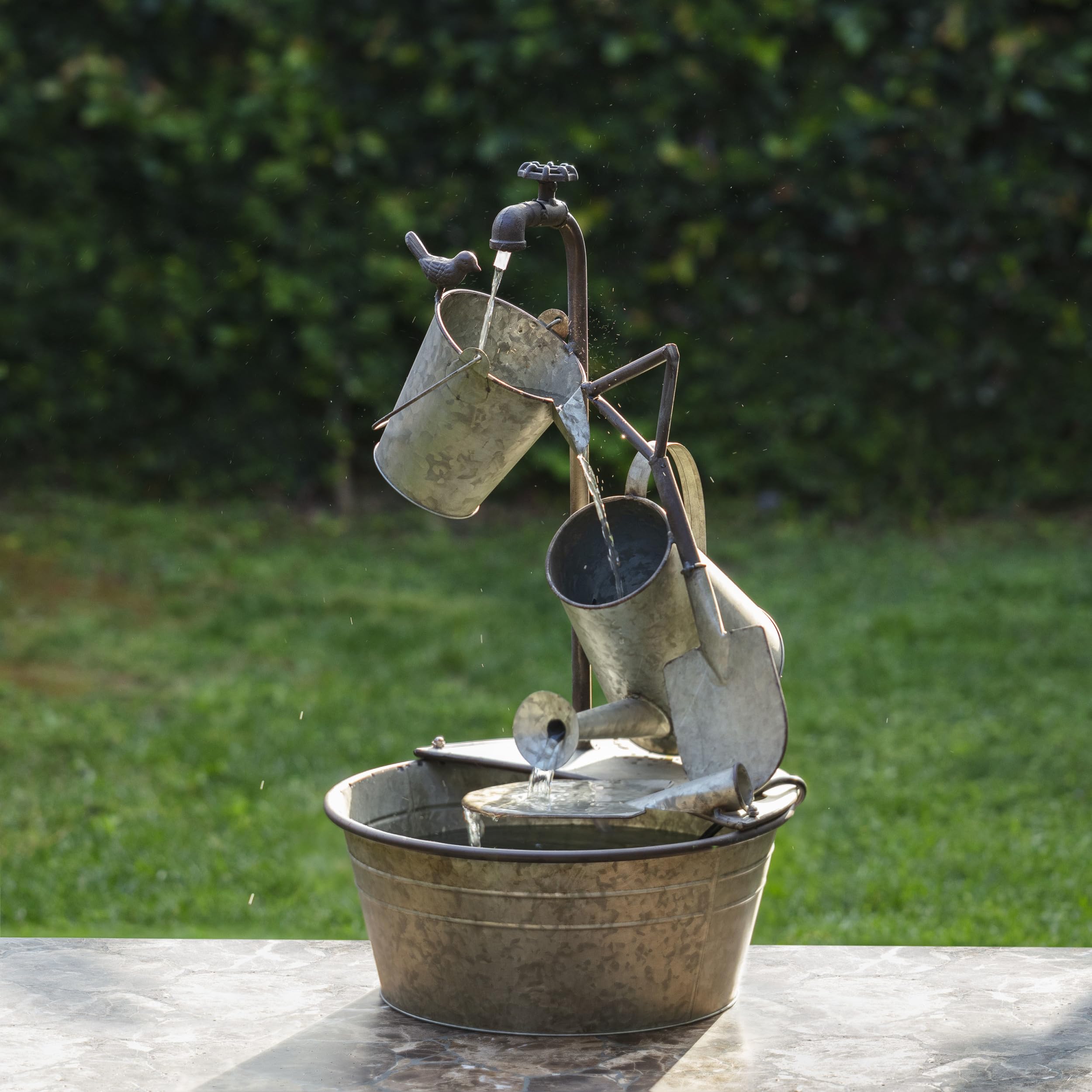 Alpine Corporation YHL106 3-Tiered Metal Outdoor Water Fountain with Garden Tools & Faucet Waterfall - 28 Inch Gray Patio Decor for Garden, Yard, and Backyard Relaxation