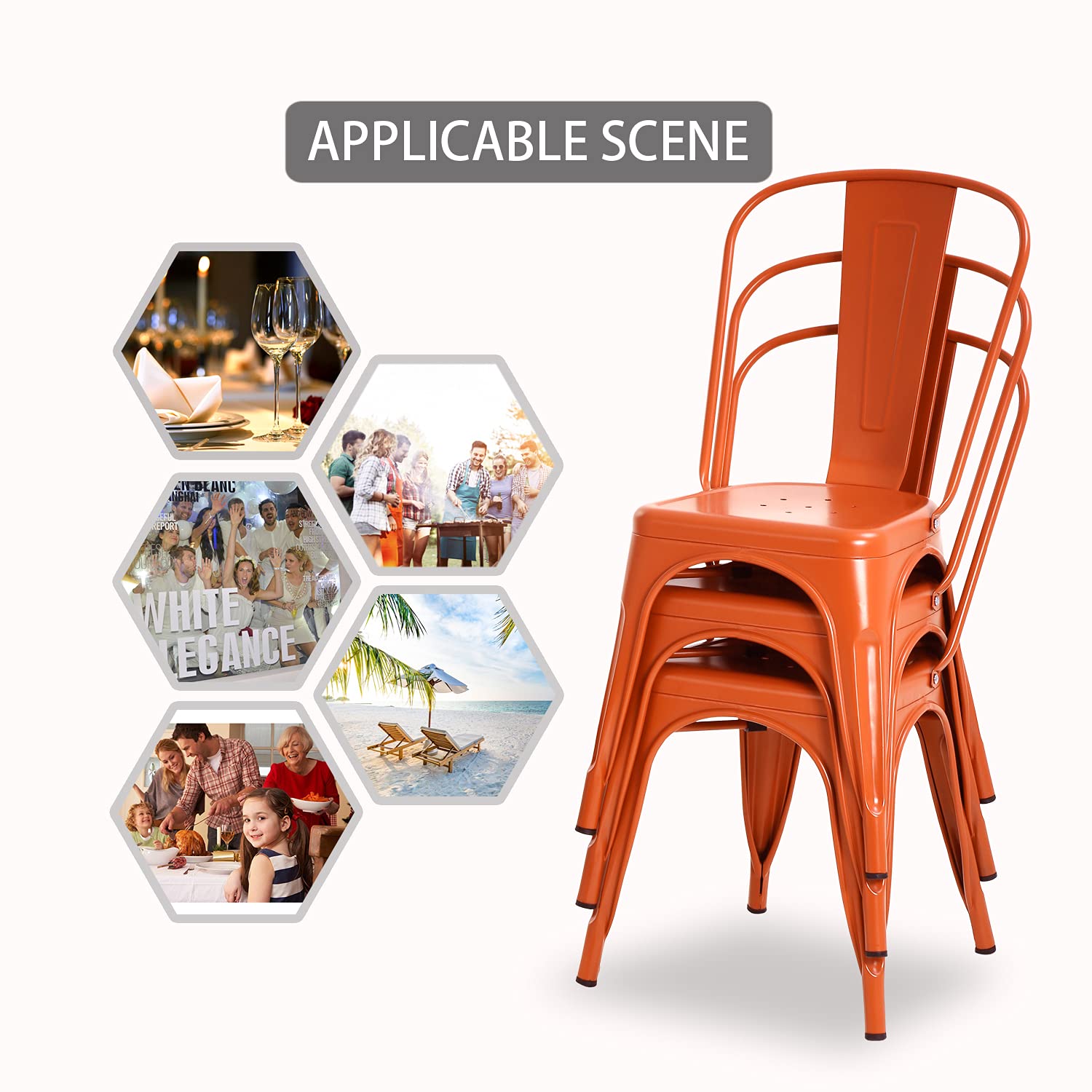 4-Pack Metal Dining Chairs - Indoor/Outdoor Stackable Kitchen & Patio Chairs with Back Support, 330 LBS Capacity (Orange) - Perfect for Restaurants, Cafes, and Home Dining Areas