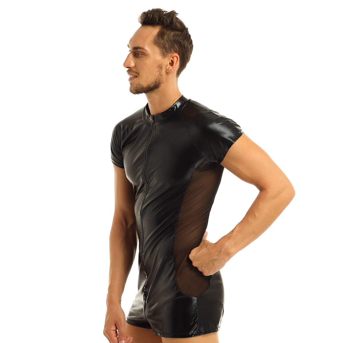 CHICTRY Men's Wet Look Black Leather Bodysuit - Sexy Mesh Catsuit Clubwear for Nightlife & Costume Parties | Perfect for Halloween, Cosplay & Fetish Events