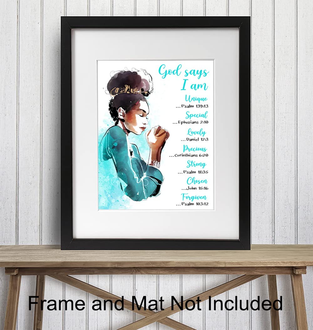 Inspirational Bible Verse Wall Art for African American Women - God Says You Are - Motivational Christian Scripture Decor - Religious Gift for Black Girls Bedroom - Blue 8x10 - Perfect for Home, Office & Church Decor