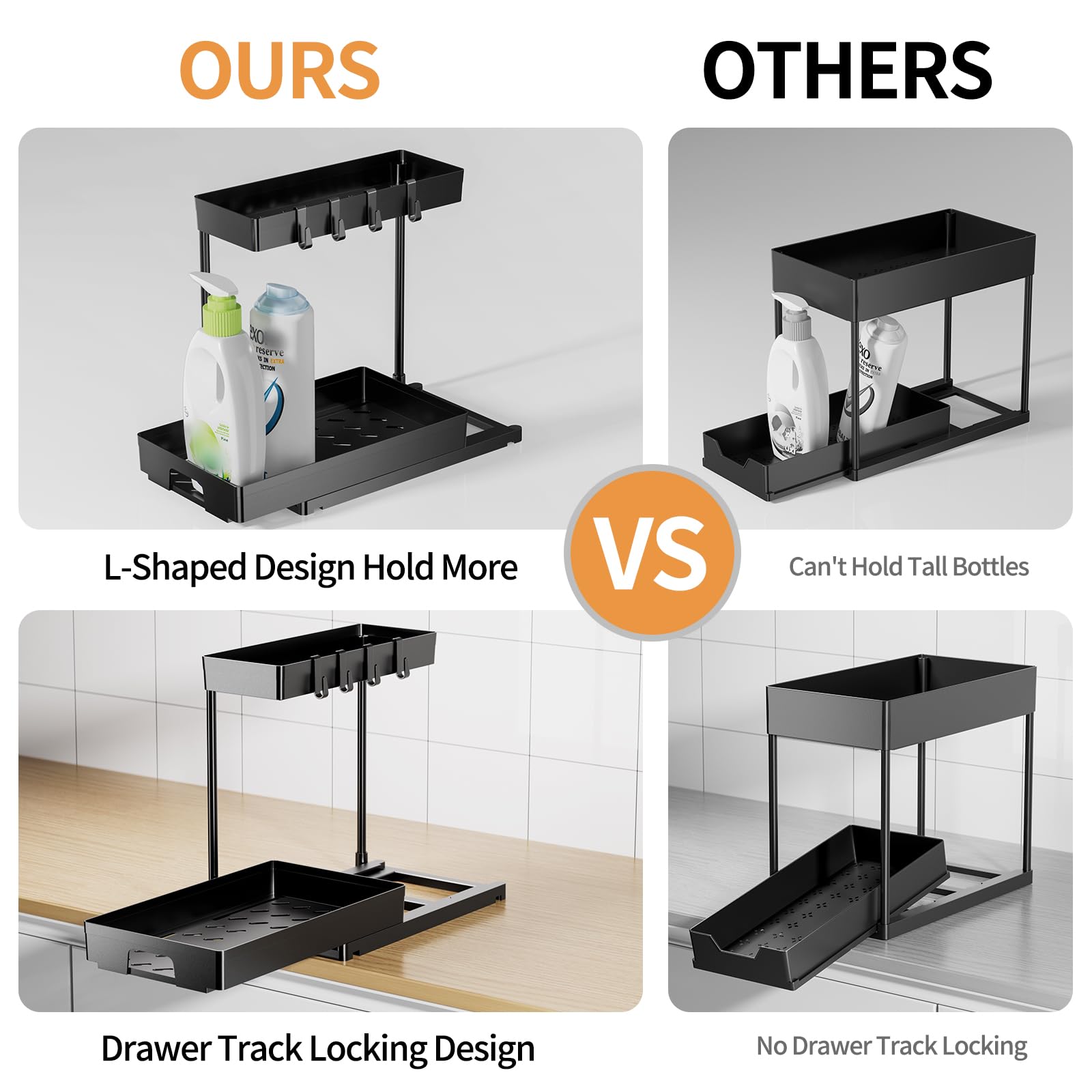 Delamu 2 Pack Under Sink Organizer Set - 2 Tier Pull Out Cabinet Organizer for Bathroom & Kitchen, L-Shaped Black Sink Storage with Drawer - Perfect for Organizing Cleaning Supplies, Toiletries & Kitchen Essentials Under Sink