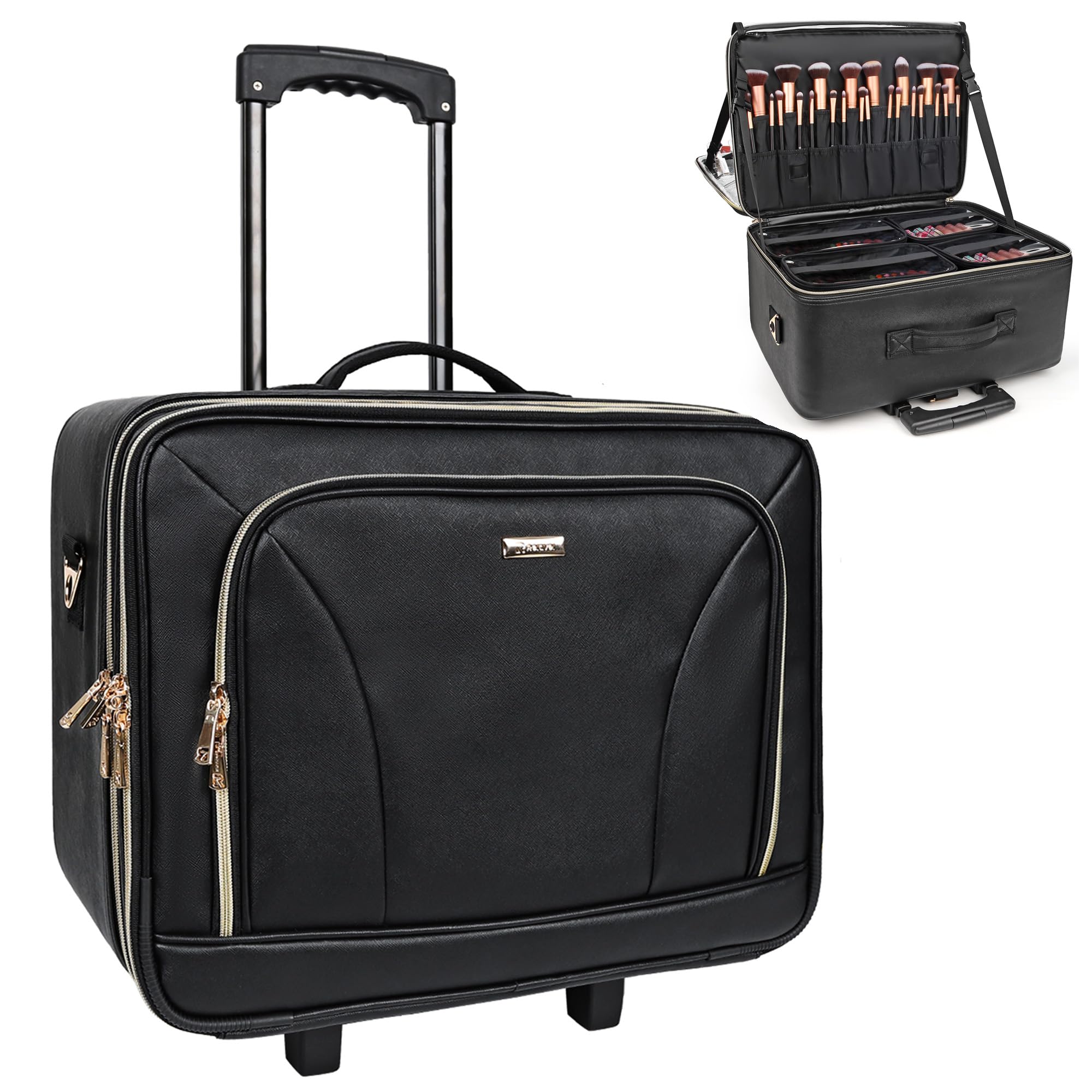 Relavel Extra Large Rolling Makeup Train Case - 3 Layer Insulated Travel Cosmetic Organizer with 4 Clear Storage Bags | Professional Makeup Artist Bag, Nail Polish & Art Supply Storage | Perfect for Salon, Travel & On-the-Go Beauty Professionals