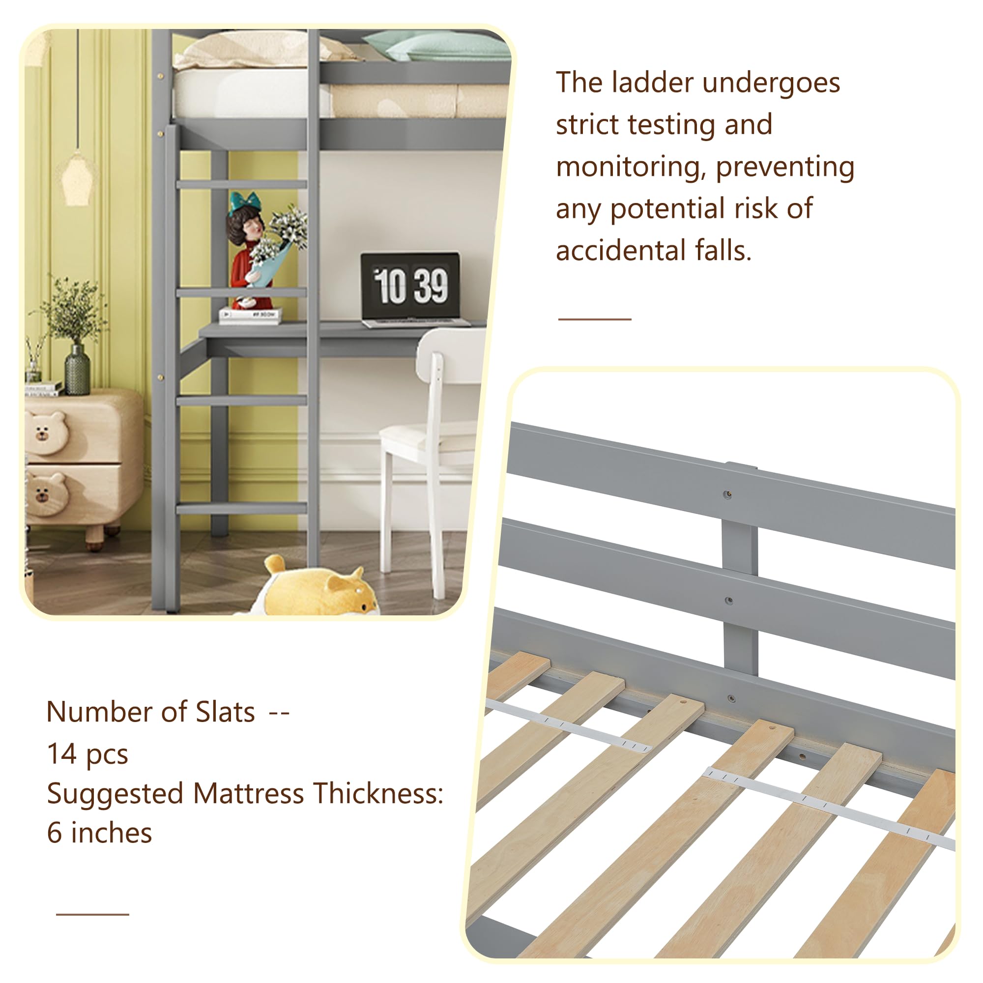 Merax Twin Size Wood Loft Bed with Built-in Desk, 2-Drawer Storage Cabinet, Guardrails & Ladder - Space Saving Bed for Small Bedroom, Dorm or Guest Room (Grey) - Perfect for Study, Sleep & Storage in Compact Spaces