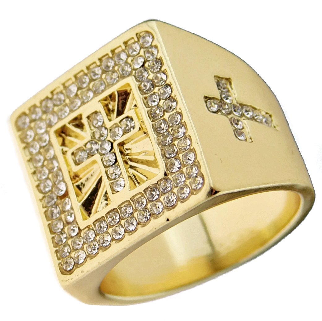 Men's Iced Out Cross Ring - Hip Hop Bling Chunky Band Yellow Gold Finish Sizes 7-12 - Perfect for Rappers, Streetwear Fashion & Gift Giving