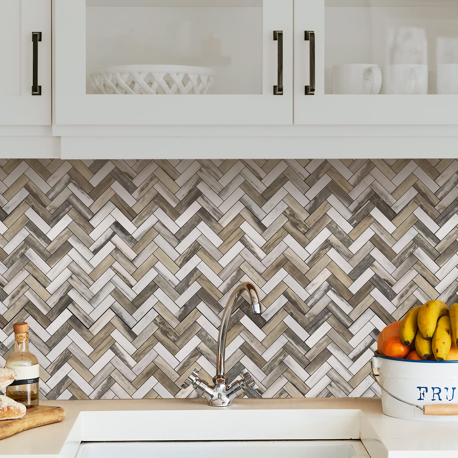 STICKGOO Herringbone Peel and Stick Backsplash - 10 Sheets PVC Self-Adhesive Wall Tiles, Waterproof Faux Wood Kitchen Backsplash for Easy DIY Installation - Perfect for Kitchen, Bathroom, Laundry Room & RV Renovation