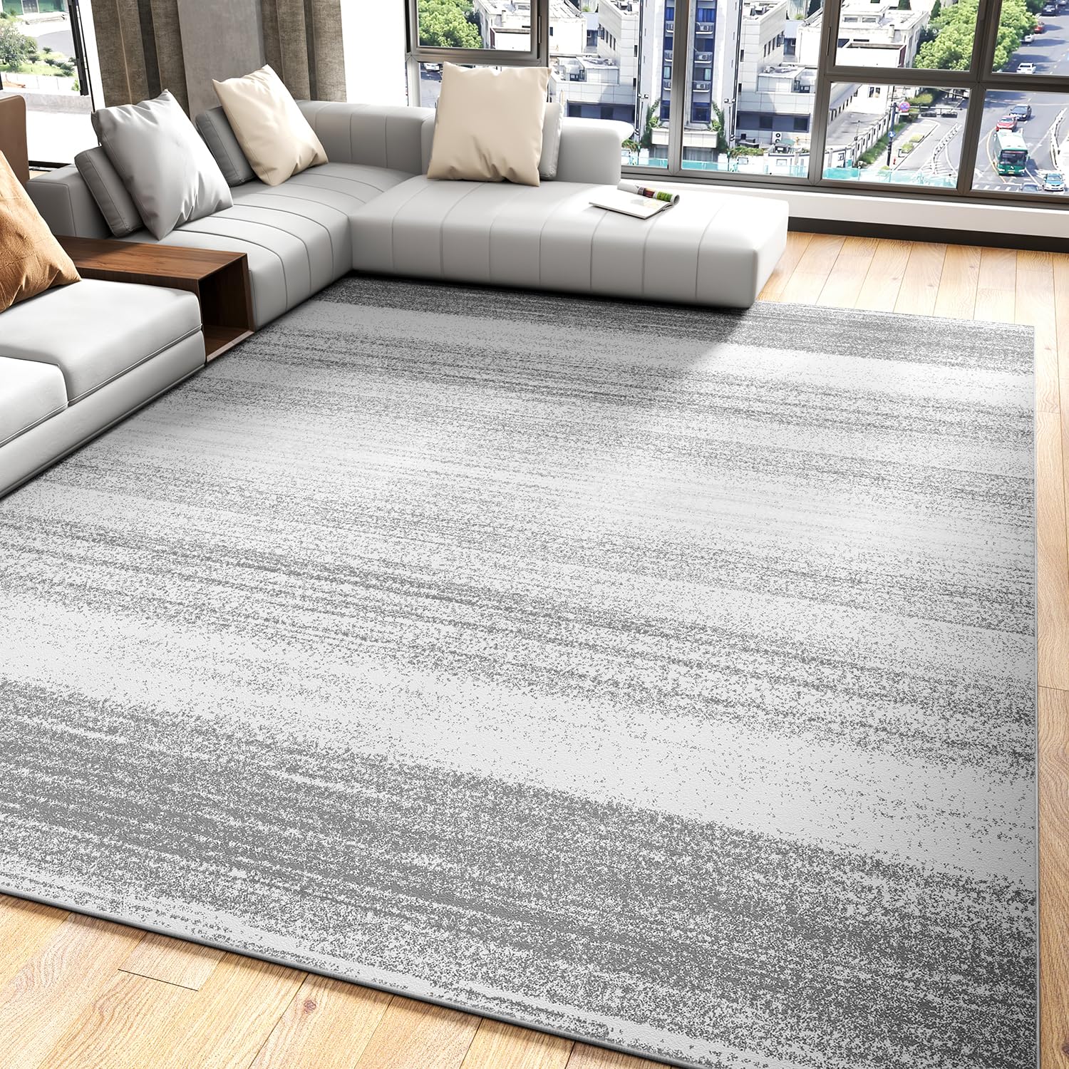 Modern Abstract 5x7 Area Rug - Machine Washable Neutral Grey Carpet for Living Room, Bedroom, Dining Room - Contemporary Home Decor for Cozy Spaces & Stylish Interiors