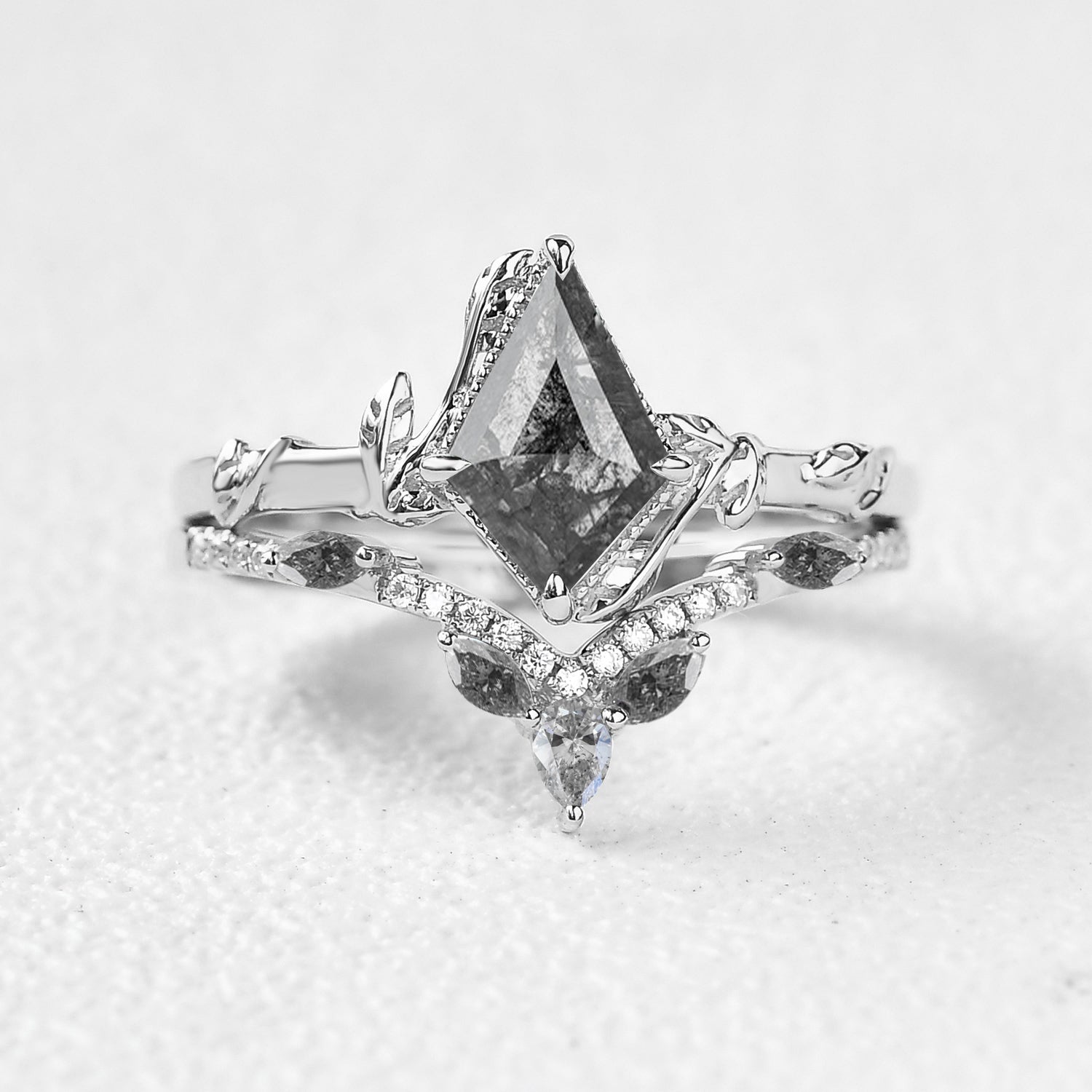 Leafy Kite Salt and Pepper Diamond Engagement Ring Set - 2 Piece Wedding Band for Women - Unique Vintage Style Jewelry for Proposals, Anniversaries & Special Occasions