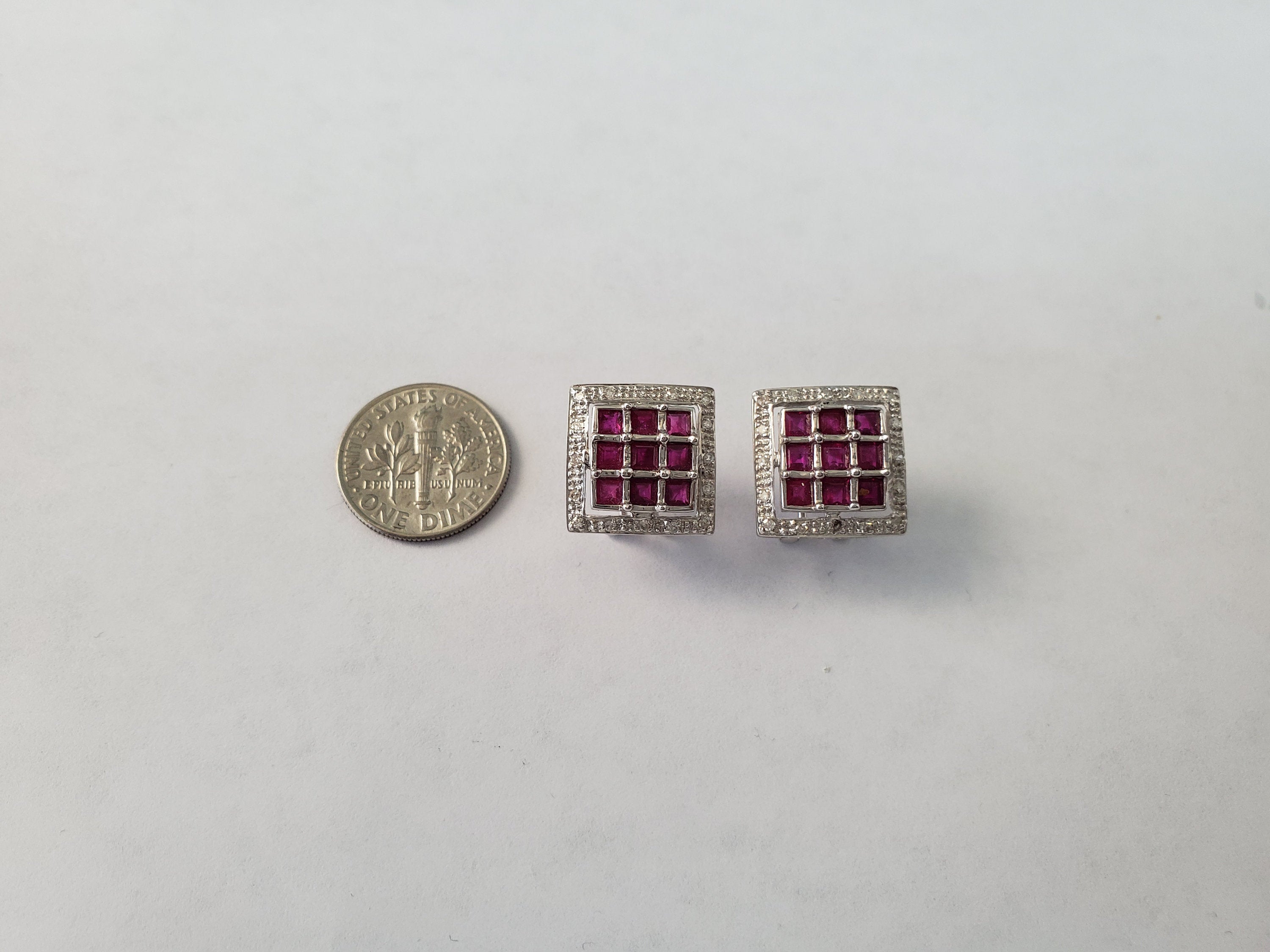 14K White Gold Square Pave Diamond & Ruby Earrings for Women - Elegant Bridal Jewelry, Anniversary Gift, Valentine's Day Present