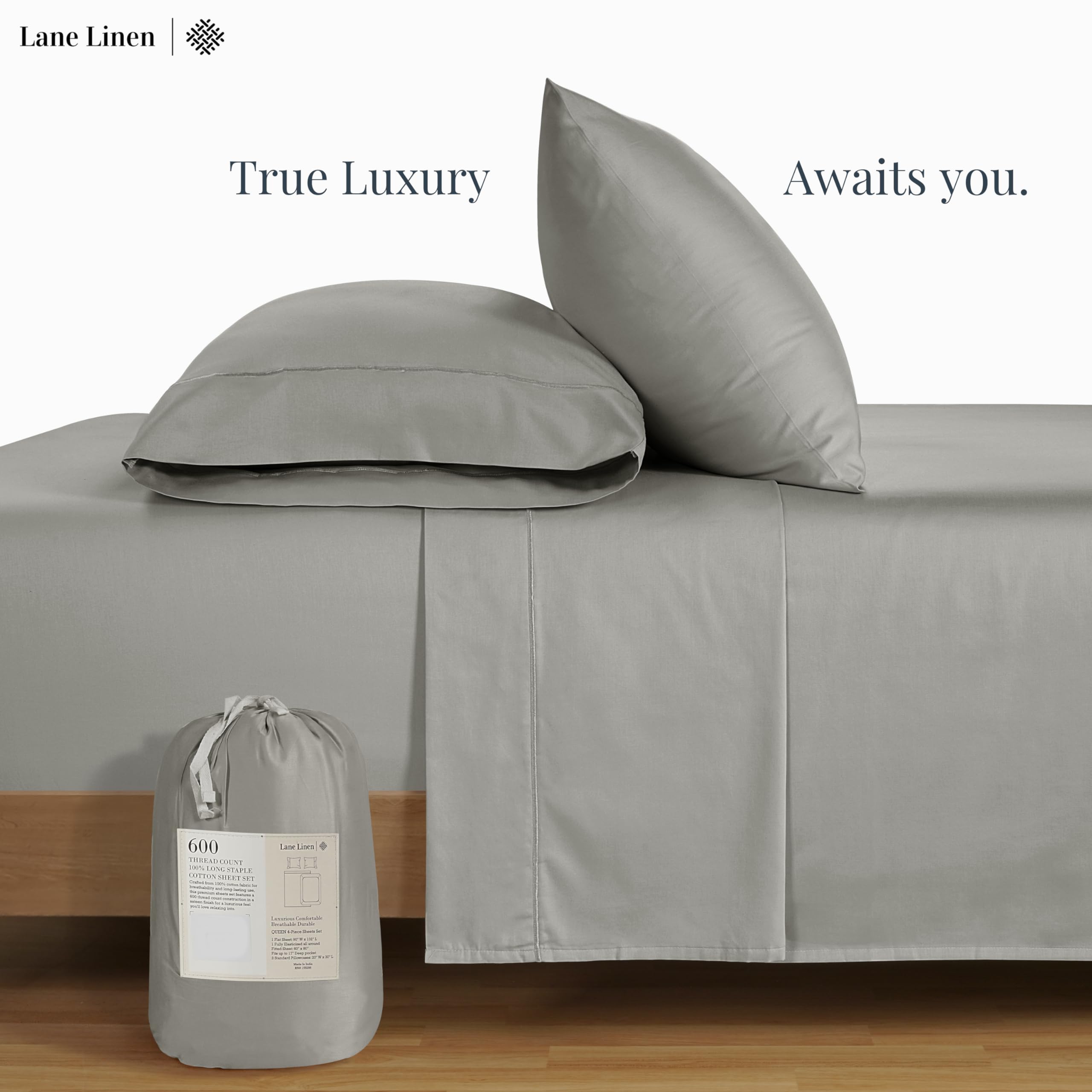 Premium 600 Thread Count King Size Sheet Set - 100% Cotton Bedding with Pillowcases - Ultra Soft No Pill Sateen Weave Deep Pocket Sheets - Silver Gray Luxury Bed Linens for Master Bedroom & Guest Room Comfort