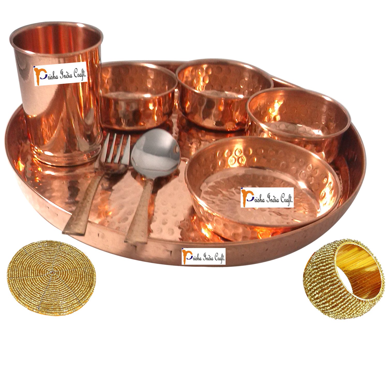Prisha India Handmade Pure Copper Thali Set - Traditional Indian Dinnerware Includes 12