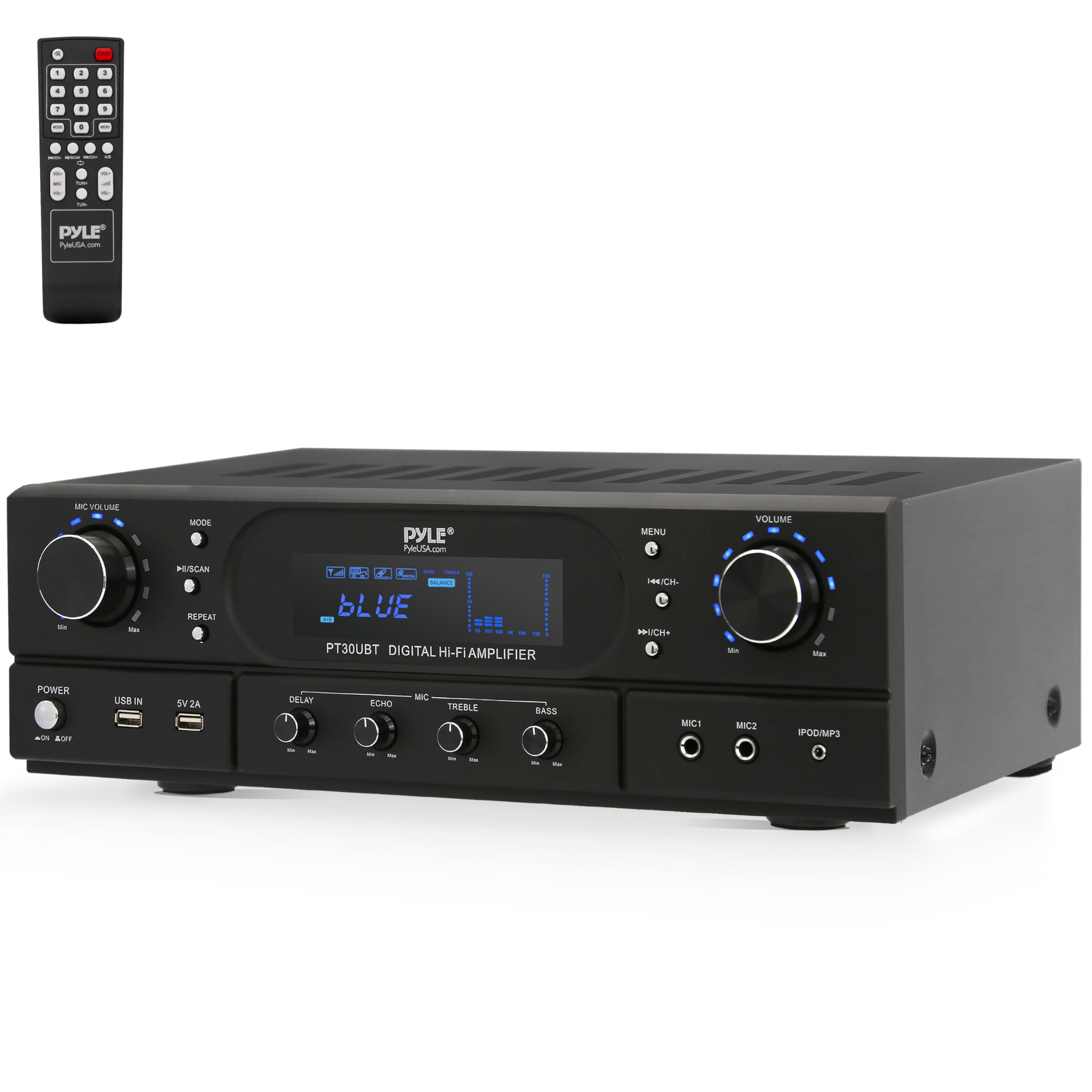 Pyle Bluetooth Home Theater Receiver Amplifier - 180W Peak Power Stereo System with Treble, Bass & Echo Control | MP3/USB/FM Input | Dual Channel Audio for Home Entertainment, Karaoke & Professional Use | Perfect for Streaming Music, Movie Nights & Party Singing
