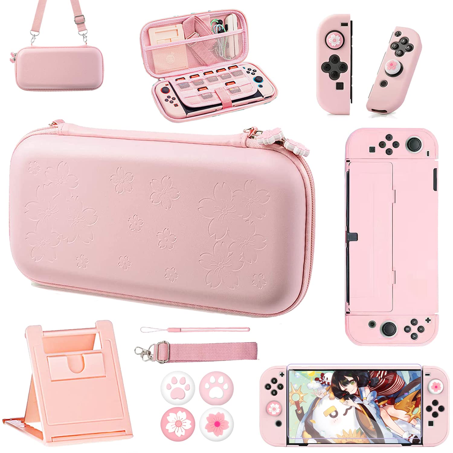 OLDZHU 10-in-1 Pink Travel Case Kit for Nintendo Switch OLED - Includes Protective Hard Shell, Screen Protector, Adjustable Stand & 4 Grip Covers | Portable Gaming Accessories for Commuting, Travel & Home Use