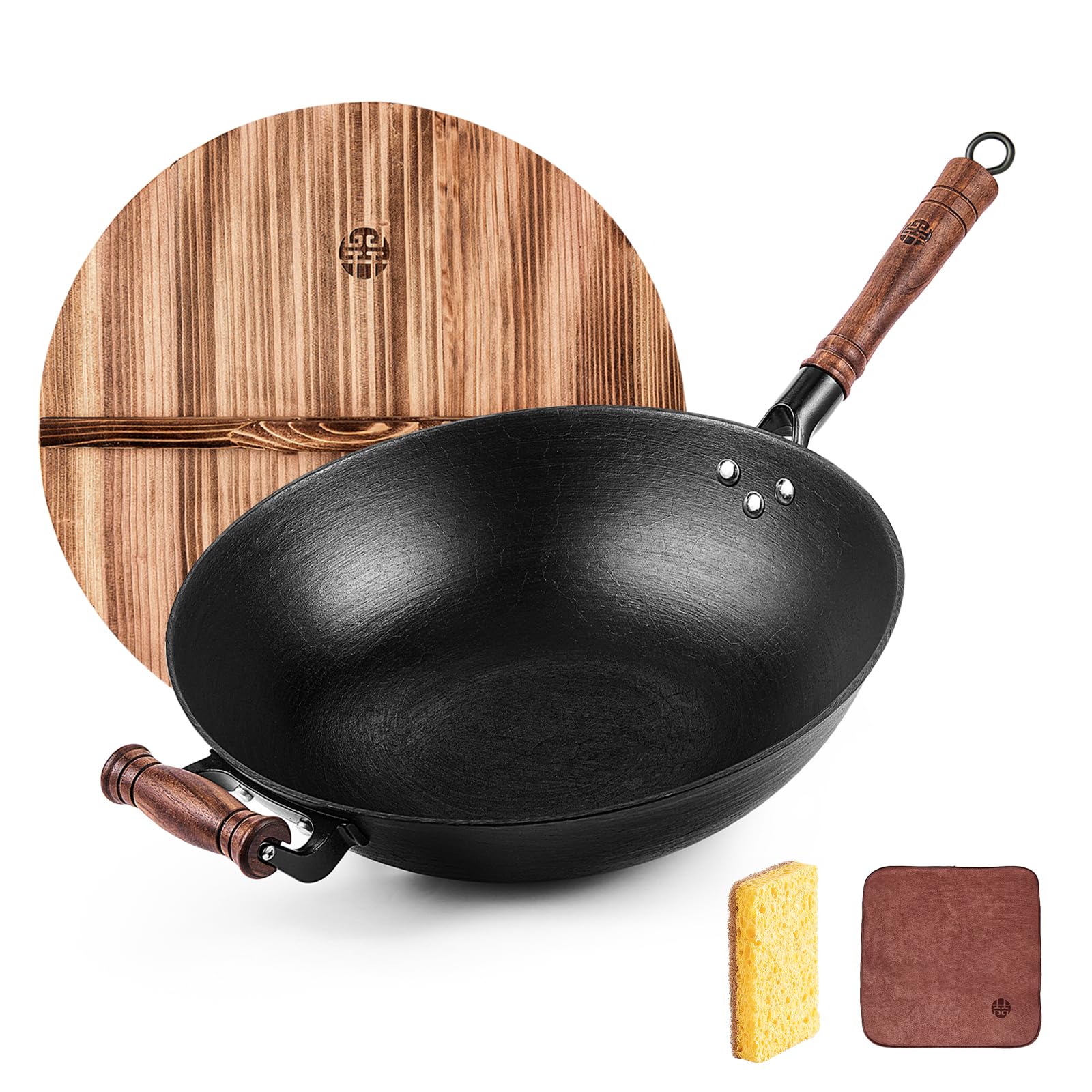 WANGYUANJI 14.2 Inch Cast Iron Wok Pan - Large Flat Bottom Stir Fry Pan with Lid & Wooden Handle - Uncoated Healthy Cooking Pot for Gas, Electric & Induction Stoves - Perfect for Asian Stir-Fry, Deep Frying & Family Meals