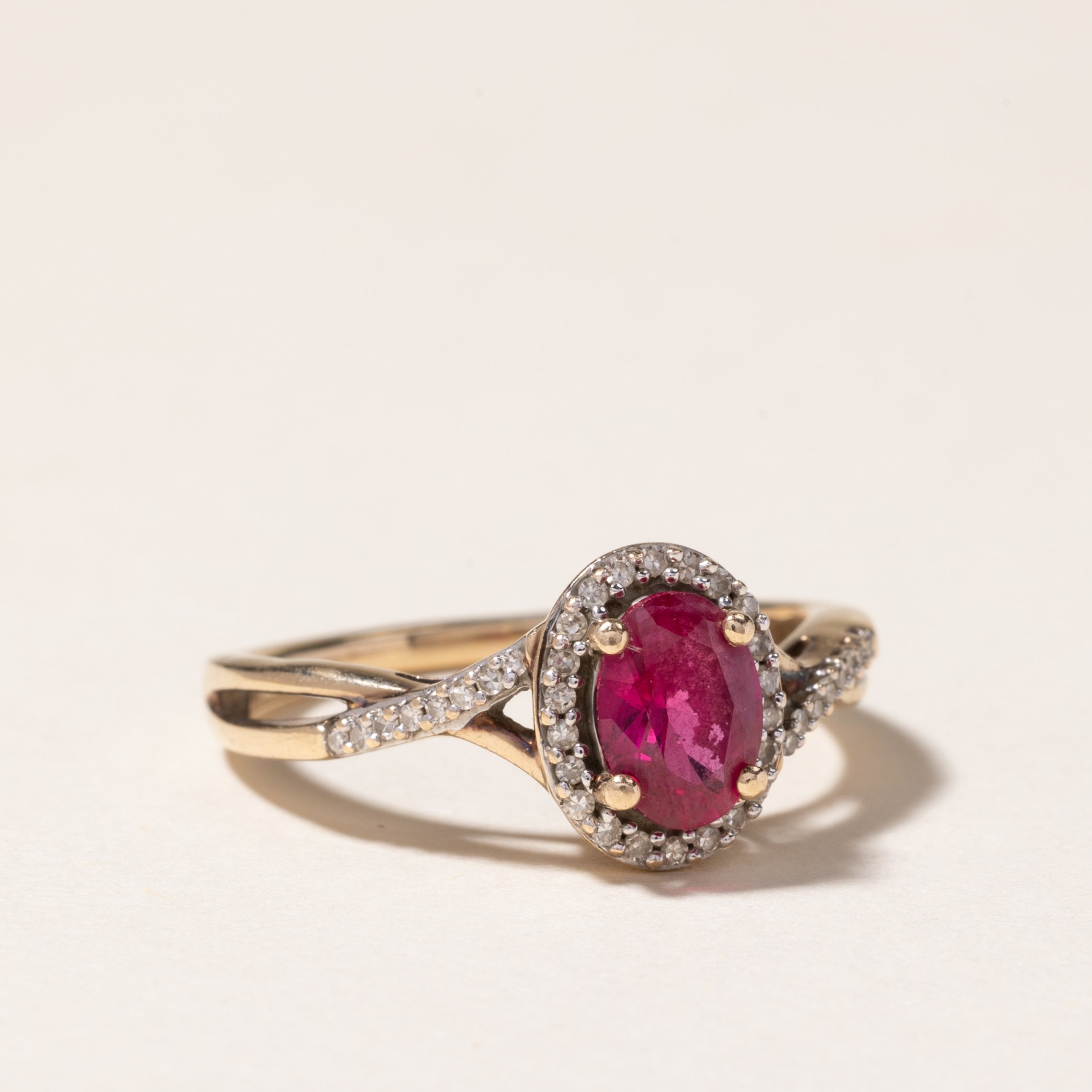 10K Gold Synthetic Ruby & Diamond Halo Crossover Ring - 0.80ct Ruby & 0.19ctw Diamonds - Size 7 - Elegant Bridal Jewelry, Anniversary Gift, Valentine's Day Present