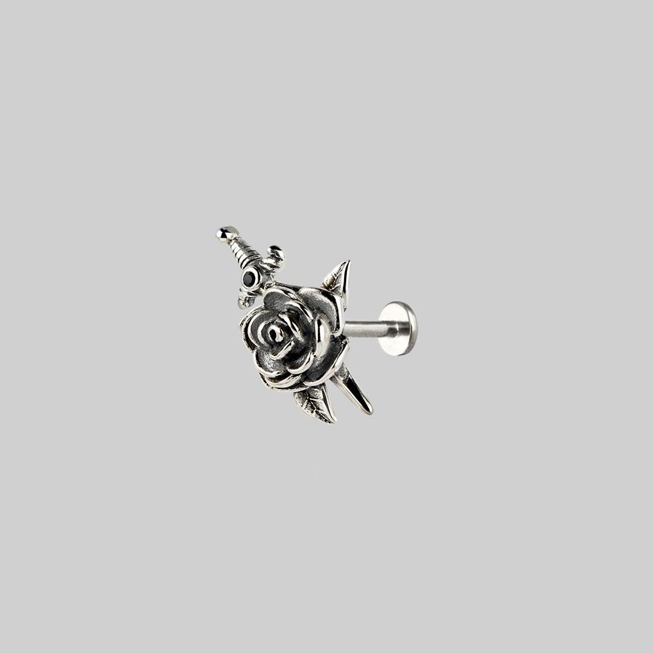 Rhapsody Dagger Through Rose Stud Earrings - Sterling Silver Gothic Jewelry for Women, Perfect for Punk Fashion, Gothic Parties & Alternative Style