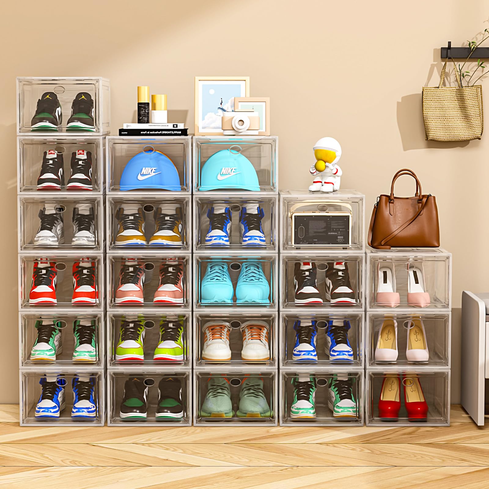Thick & Sturdy Clear Shoe Storage Organizer with Magnetic Door - Stackable Plastic Shoe Boxes for Closet, Foldable Shoe Rack for Sneakers & Boots - 6-Pack Black Shoe Cabinet Organizer | Perfect for Bedroom, Entryway & Walk-in Closet Organization