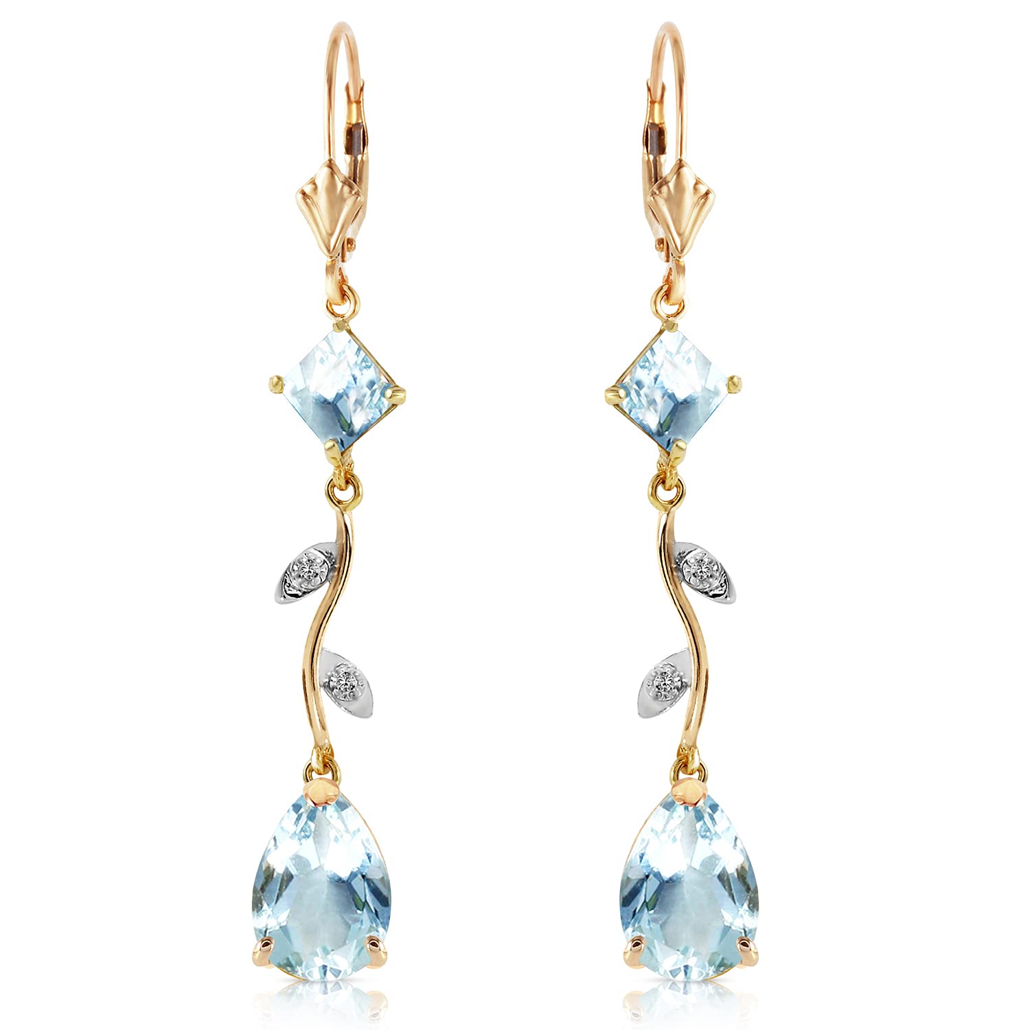 14K Yellow Gold Chandelier Earrings with Diamonds & Aquamarine Gemstones | Elegant Dangle Earrings for Women | Perfect for Weddings, Parties & Special Occasions