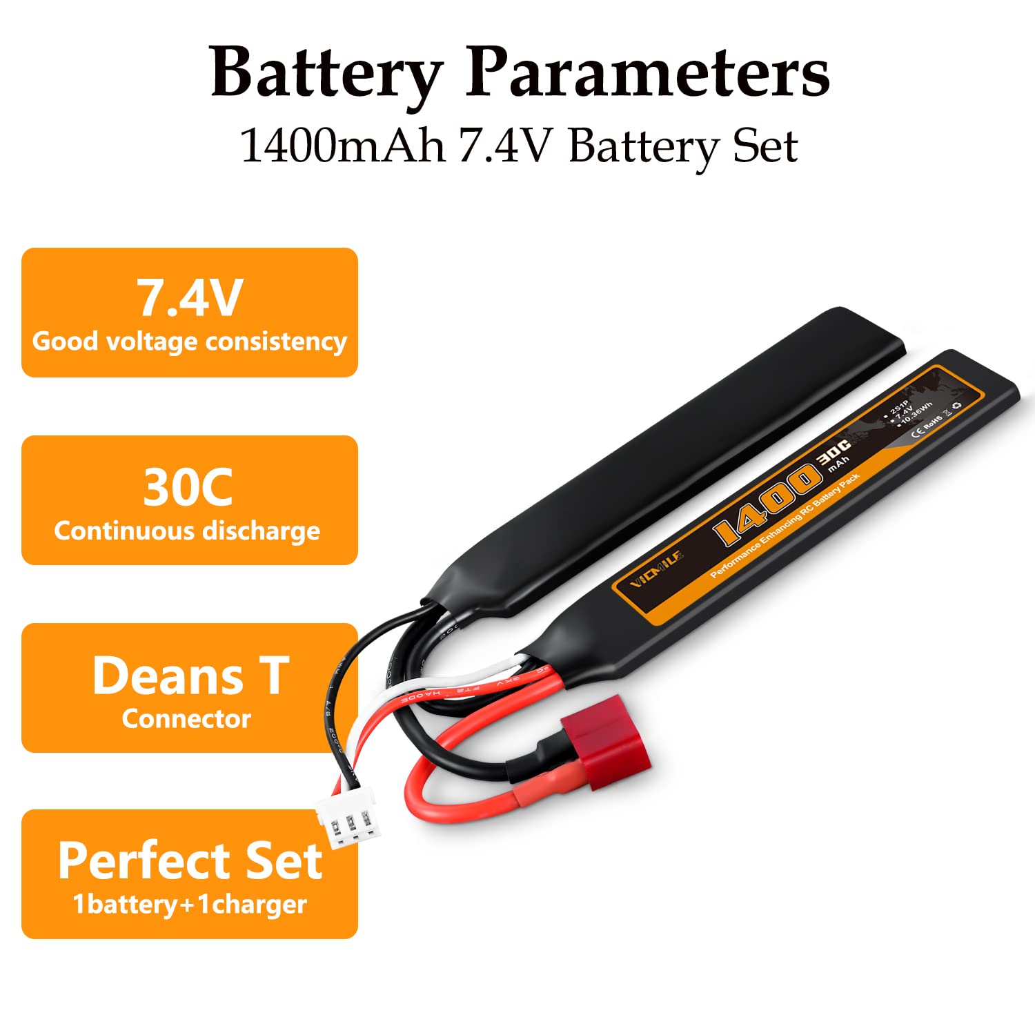 VICMILE 7.4V 1400mAh 2S Lipo Battery with Deans T Plug - 30C High Discharge Rate Rechargeable Airsoft Battery & Charger - Compatible with Airsoft Guns, RC Cars, and Drones - Perfect for Outdoor Shooting Games and RC Hobby Activities