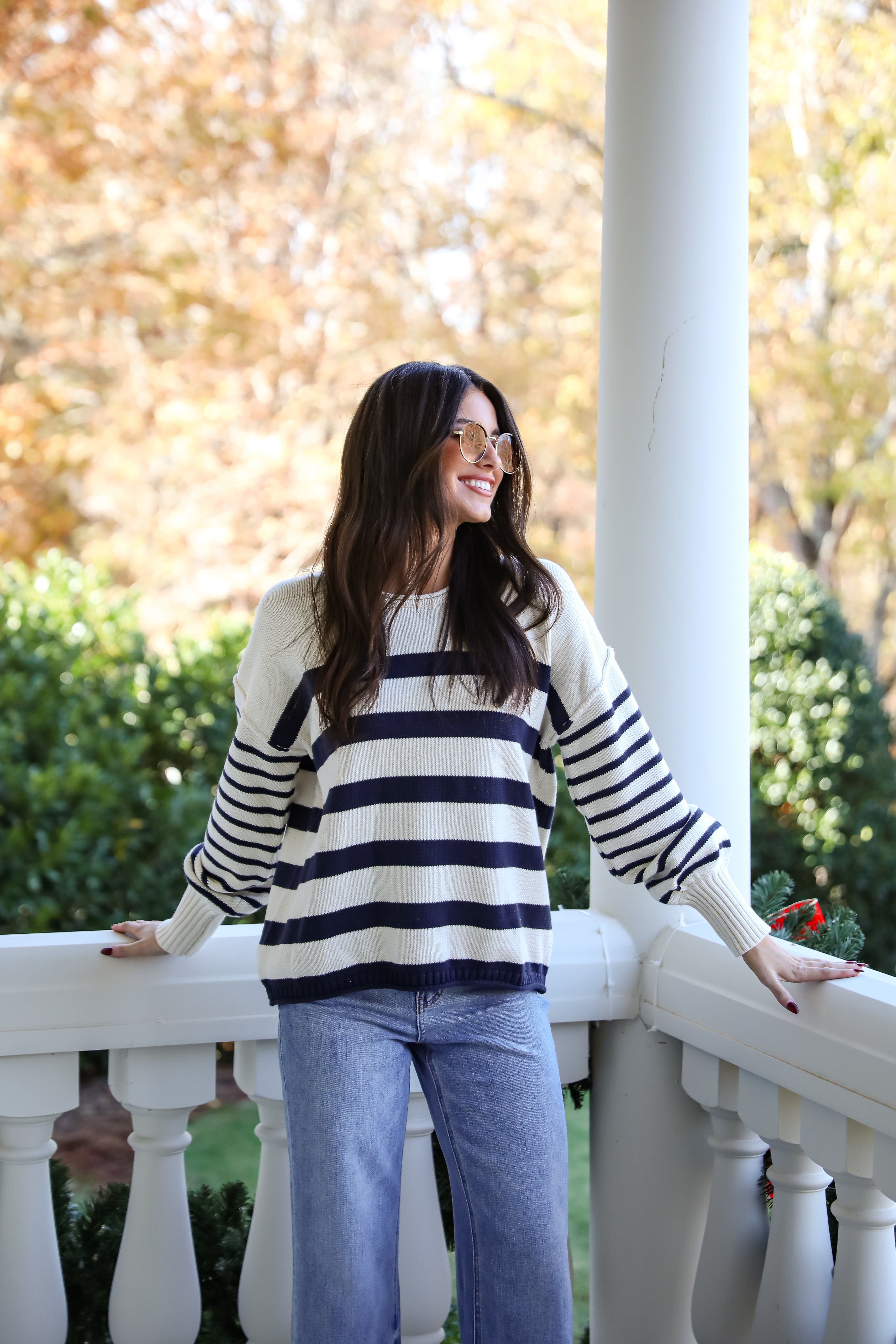 Comfy Darling Off White Striped Sweater - Women's Casual Knit Pullover | Perfect for Fall Layering & Cozy Coffee Dates
