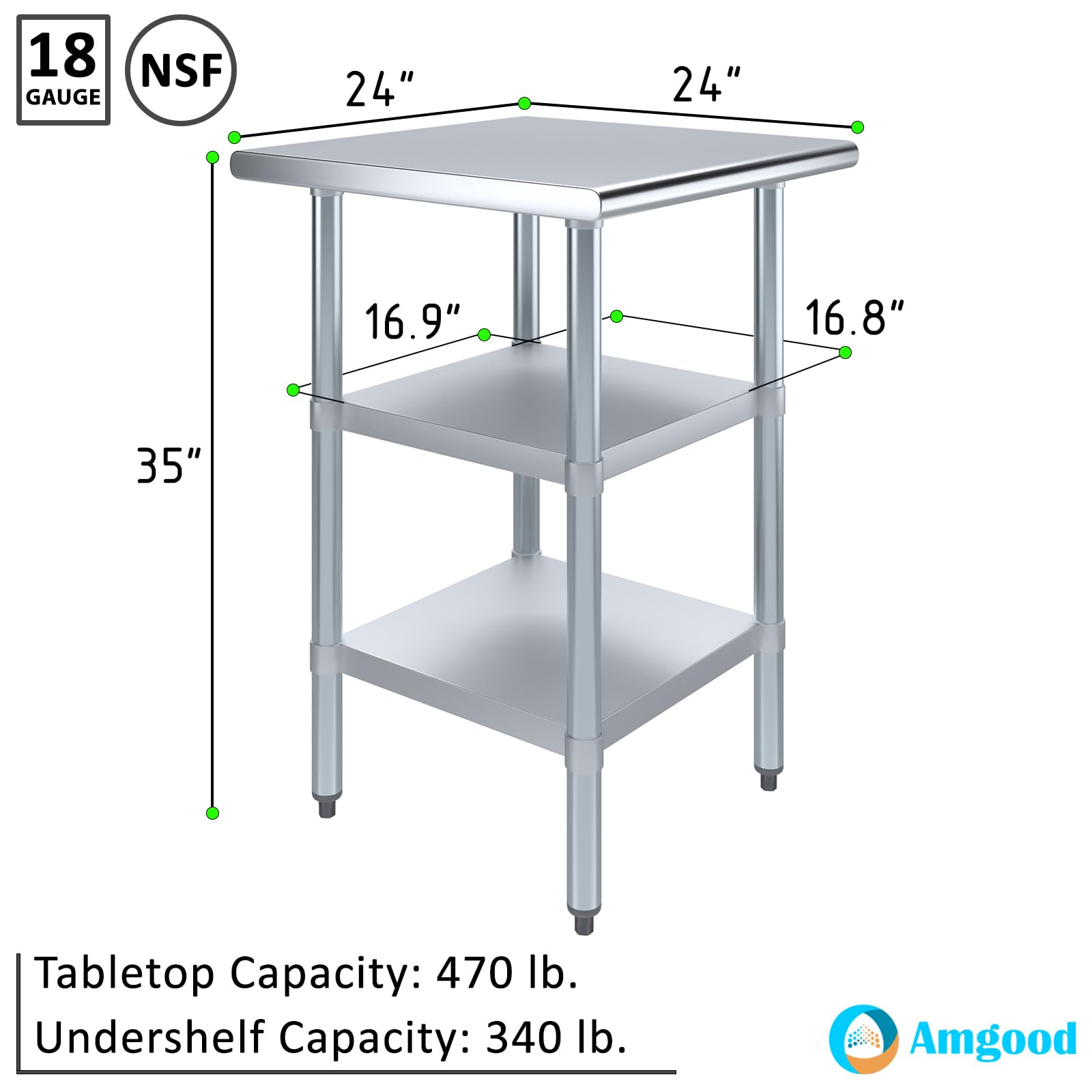 Stainless Steel Work Table with 2 Shelves - Heavy Duty Metal Utility Table for Commercial & Residential Use | NSF Certified | 24