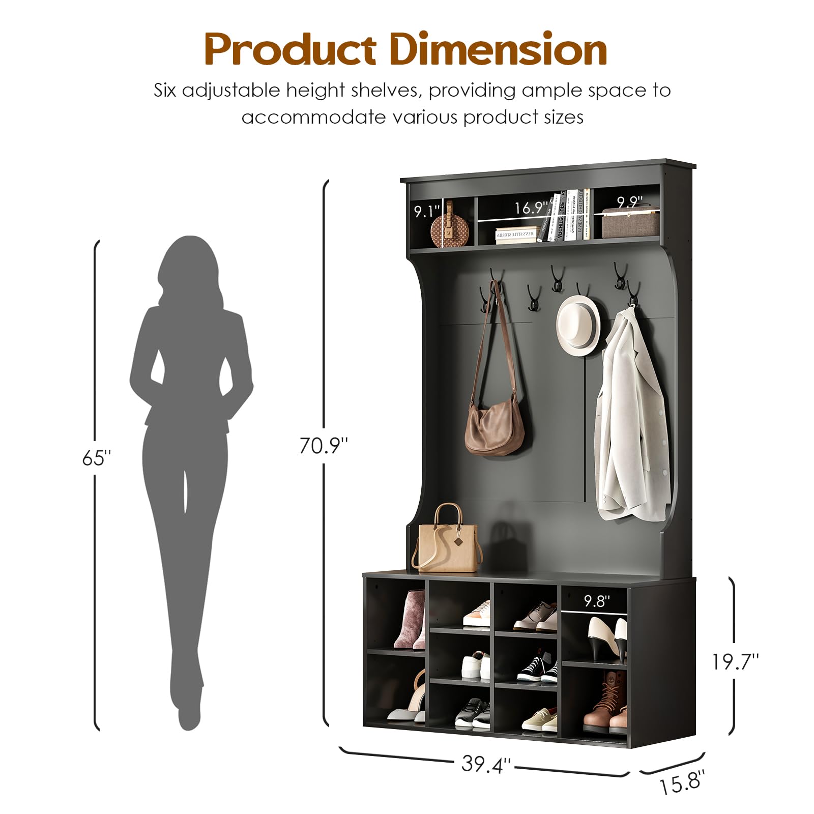 Soohow 70.9 Inches Freestanding Hall Tree with Bench & Shoe Storage - Entryway Organizer with 7 Coat Hooks, Adjustable Mudroom Bench - Perfect for Entryway, Foyer, Mudroom & Home Organization (Black)