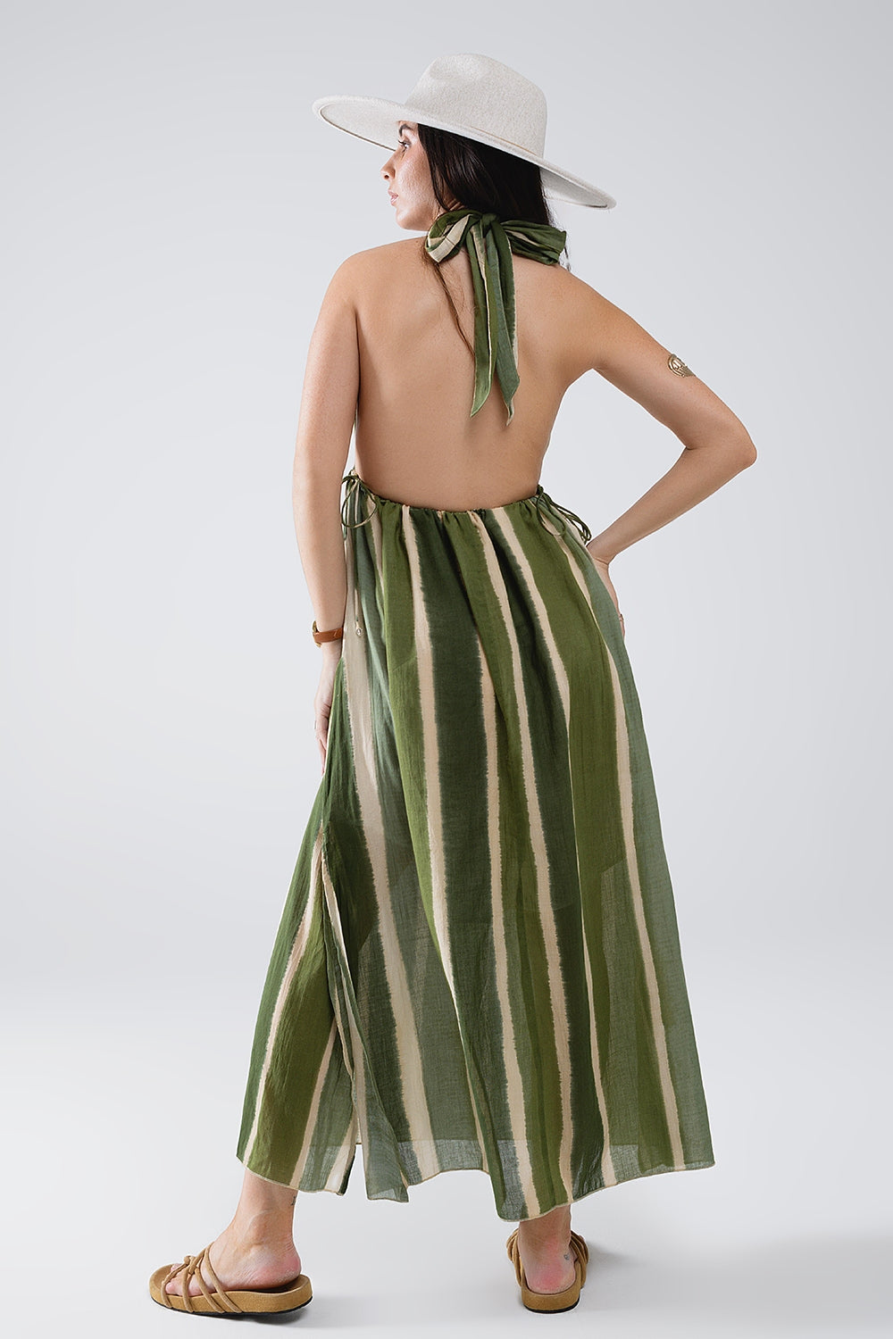 Elegant Green Striped V-Neck Backless Long Robe with Side Slits - Perfect for Spa, Bridal Party, and Loungewear