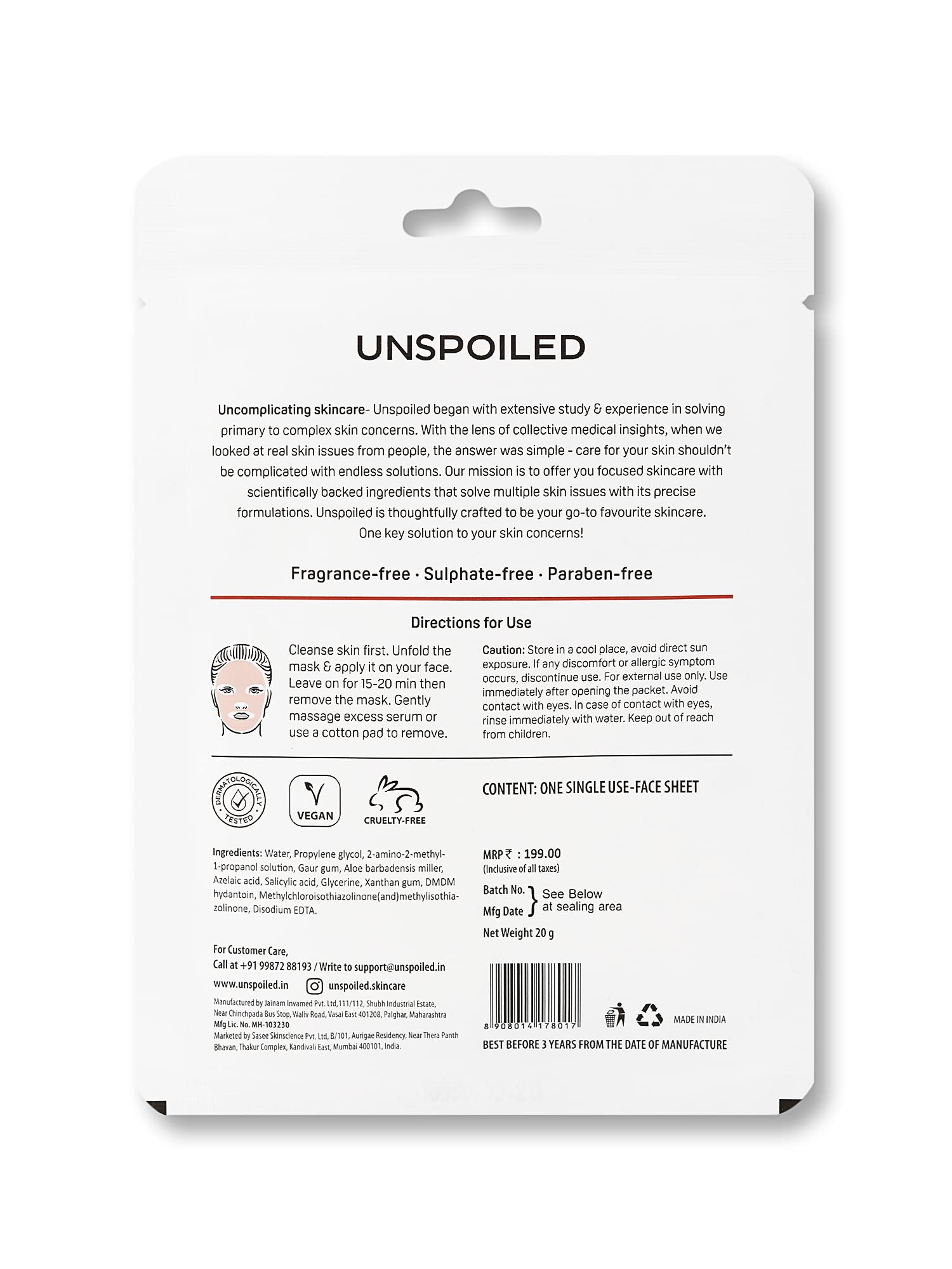 UNSPOILED 0.5% Azelaic Acid + 0.5% Salicylic Acid Acne Treatment Face Mask with Willow Bark Extract | Reduces Breakouts, Brightens Skin & Controls Oil | For Oily & Acne-Prone Skin | Daily Skincare Routine (1 Pack)