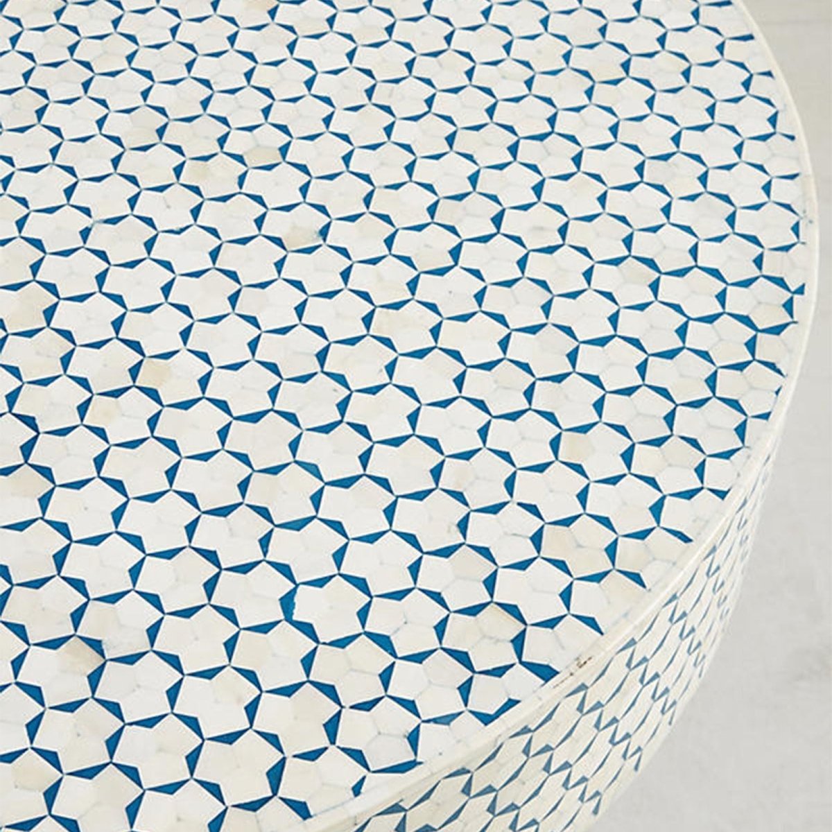 Handmade Moroccan Bone Inlay Coffee Table - Blue & White Geometric Design Center Table for Living Room, Lounge & Home Decor