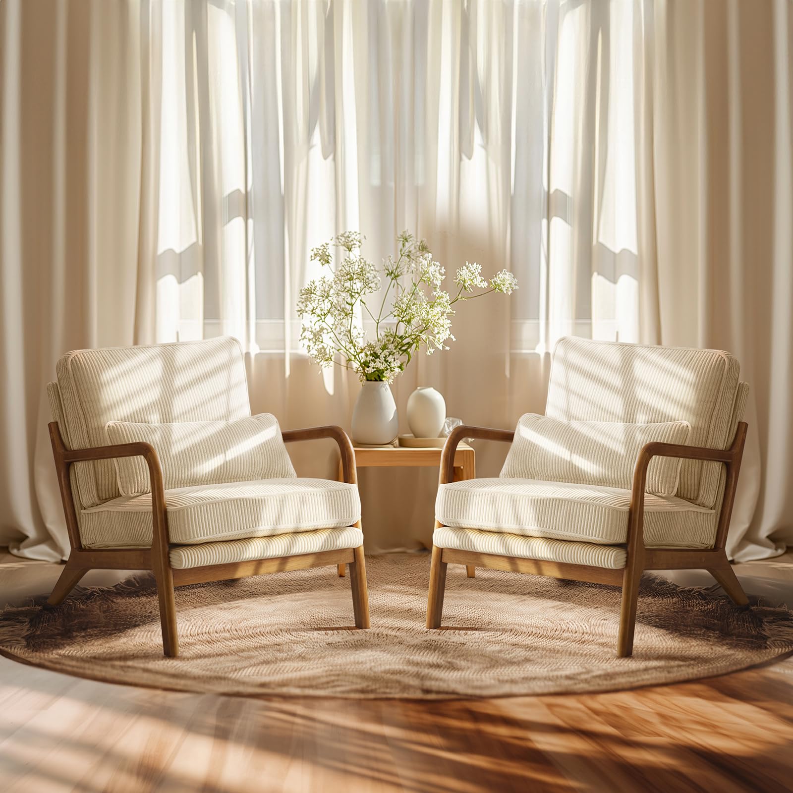 Premium Corduroy Accent Chairs Set of 2 - Mid Century Modern Upholstered Armchairs with Solid Wood Frame & Lumbar Pillow - Comfy Reading Chairs for Living Room, Bedroom, Office - Beige Home Decor