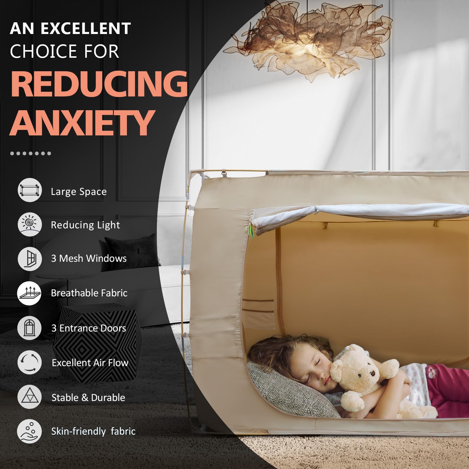 Original Design Full Size Bed Tent Canopy for Adults & Kids - Portable Indoor Sleeping Tent with 70% Blackout, 3 Doors & Breathable Big Space | Perfect for Camping, Sleepovers, Privacy & Relaxation at Home