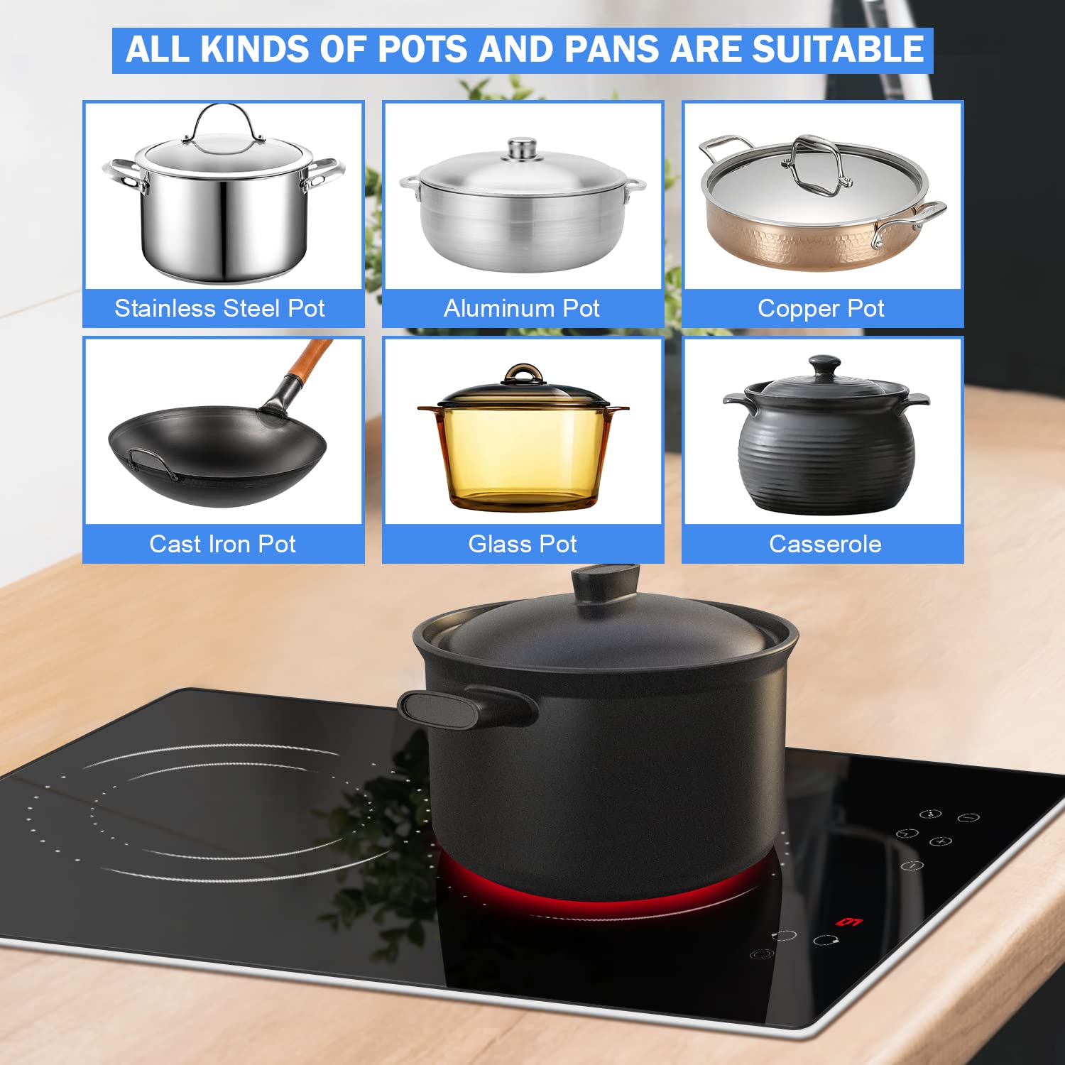 Hobsir 12-inch 2 Burner Electric Cooktop - 3200W Built-in Ceramic Stove with Touch Control, Timer & Safety Lock - 9 Power Levels, 220V-240V Hardwired (No Plug) - Perfect for Small Kitchens, Apartments & RVs