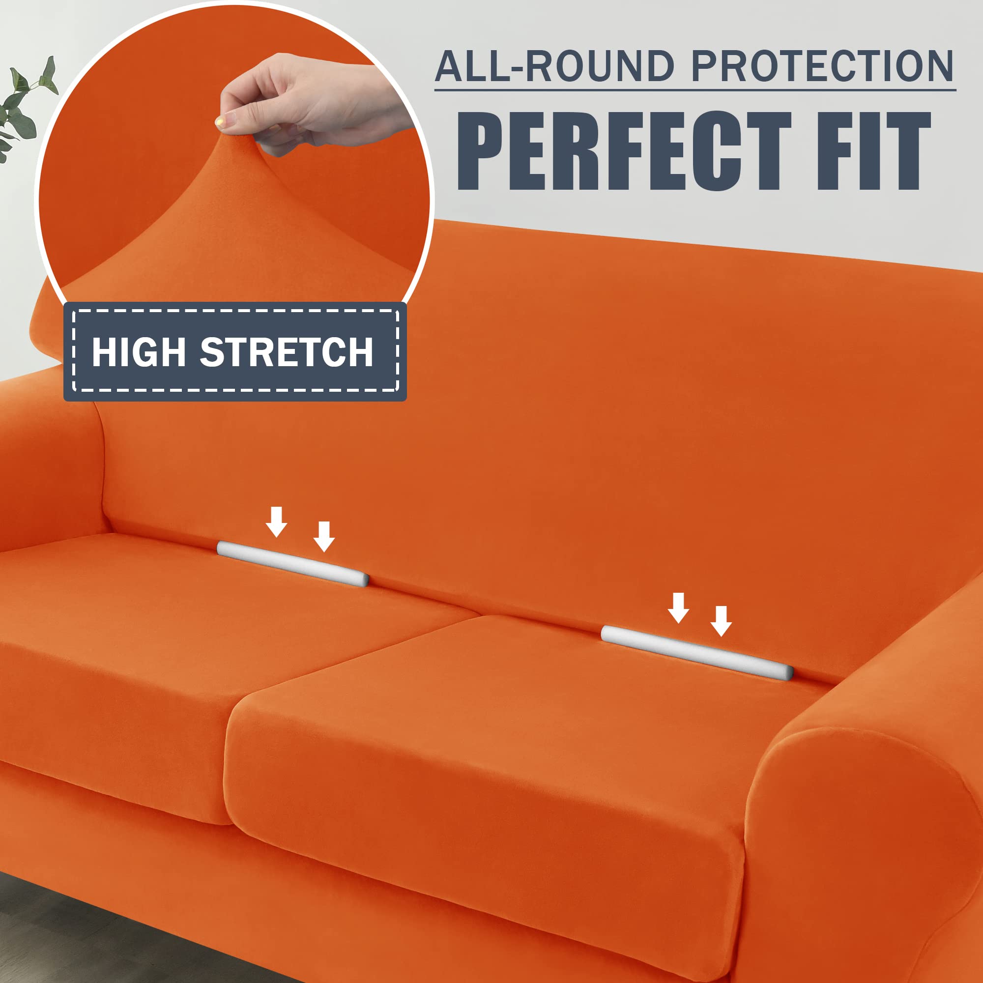 CONRUSER Stretch Velvet Sofa Slipcover - Soft Single Seat Couch Cover with Cushion Protector - Furniture Protector for Living Room, Bedroom (Orange, Small Size)