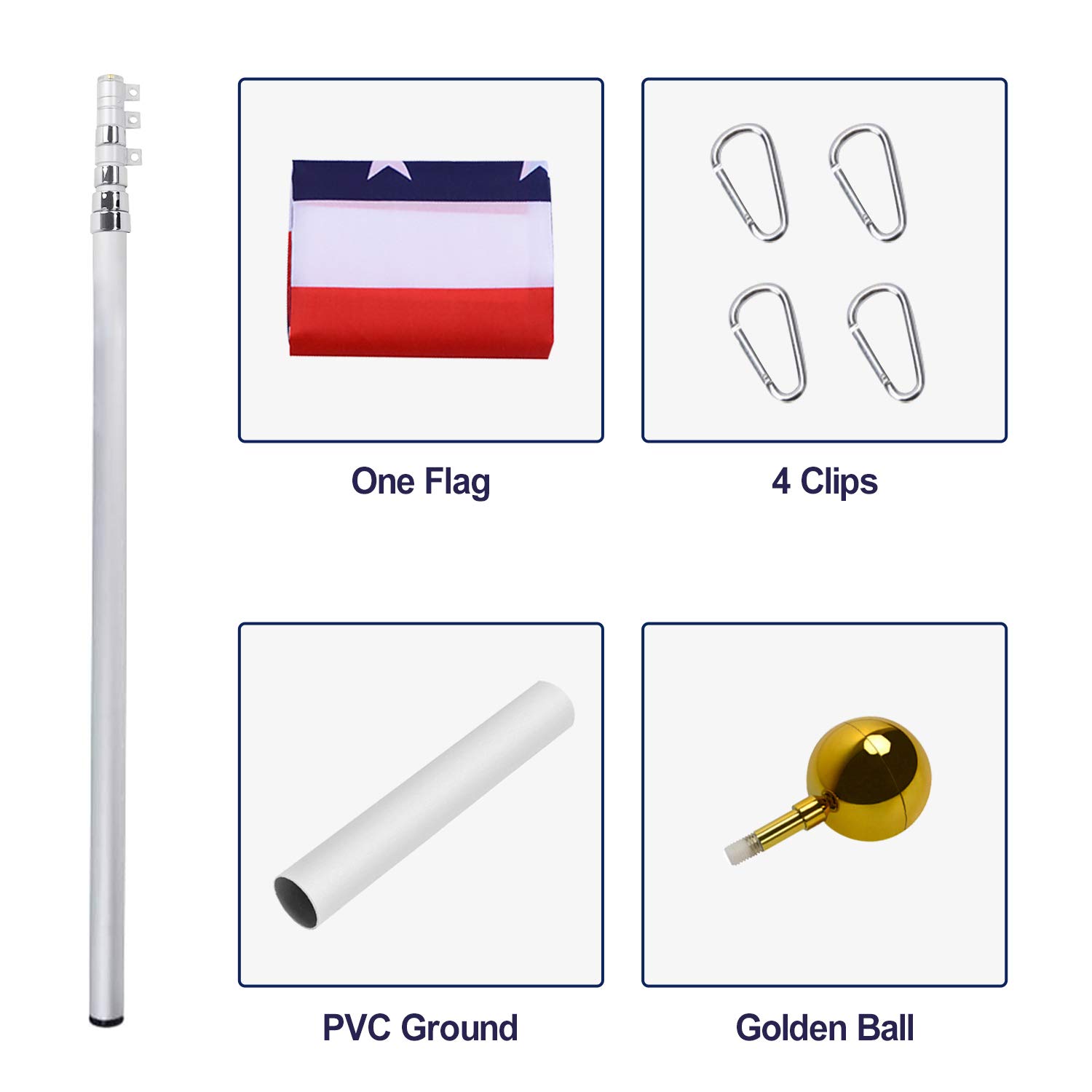 25FT Heavy Duty Telescoping Flag Pole Kit - Extra Thick Aluminum Inground Flagpole with 3x5 American Flag & Golden Ball Top | Fly 2 Flags | Outdoor Use for Residential, Yard, Commercial & Patriotic Events