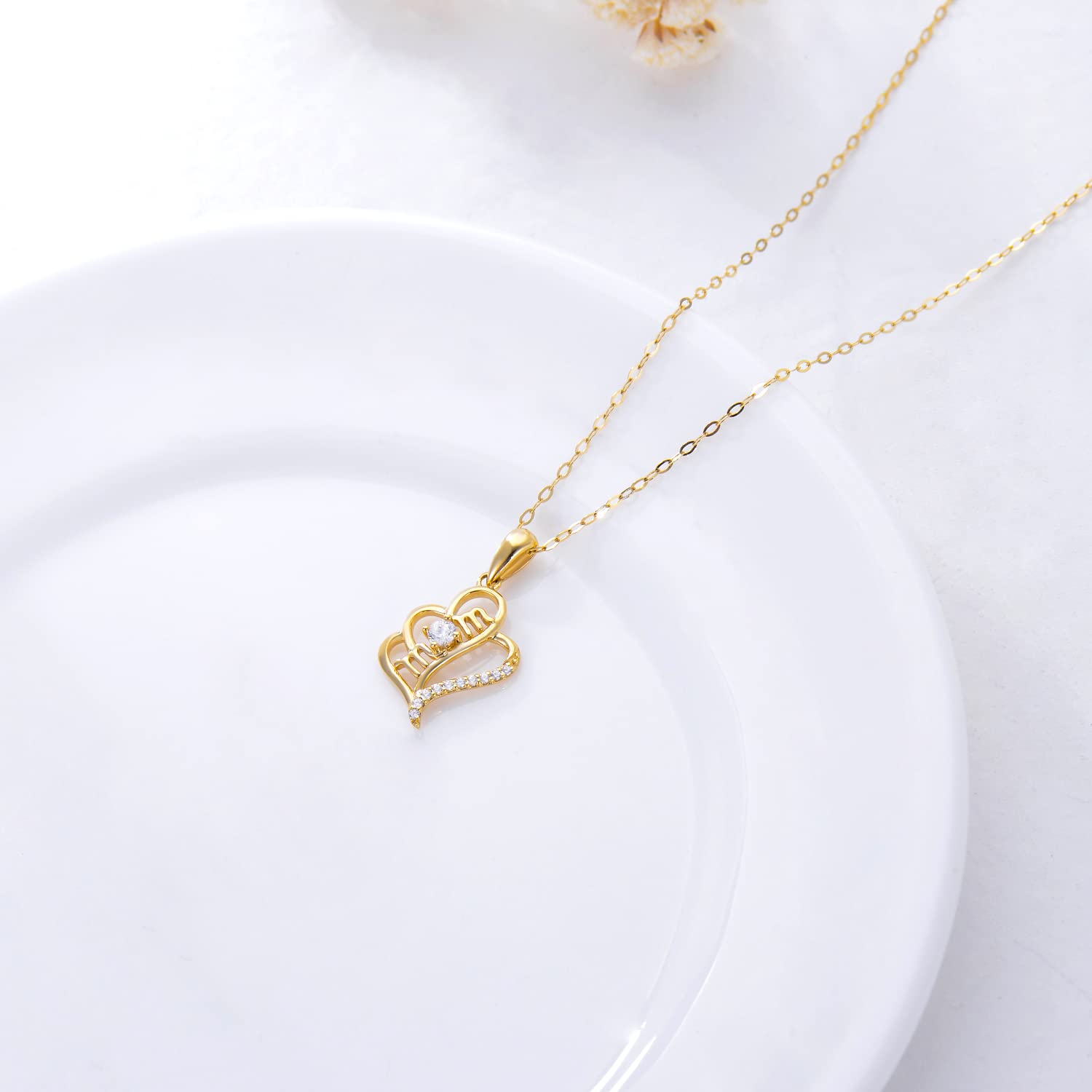 14K Real Gold Heart Necklace for Women - I Love You Mom Pendant Jewelry Gift for Mother's Day, Wife, Grandma | 16+1+1 Inch Yellow Gold Chain | Perfect for Birthday, Anniversary & Special Occasions