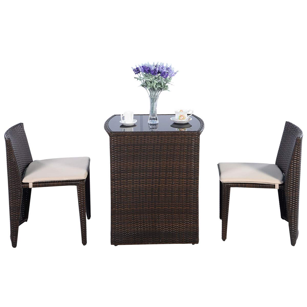 Casart 3-Piece Wicker Patio Set with Glass Top Coffee Table & 2 Chairs - Outdoor Dining Furniture for Lawn, Garden, Balcony, Poolside & Backyard Relaxation