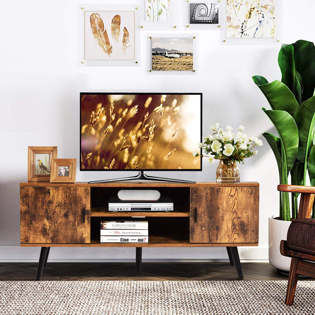 Tangkula 55 Inch TV Stand with 2 Cabinets & 2 Open Shelves - Mid Century Modern Wood Entertainment Center for Living Room, Rustic Brown - Perfect for Boho, Farmhouse & Rustic Home Decor