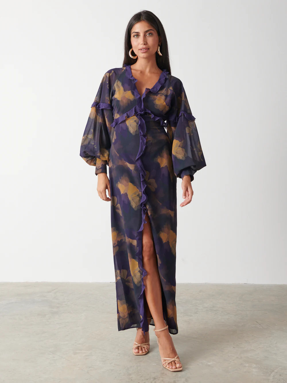 Francesca Frill Maxi Dress in Amethyst - Elegant Long Flowy Dress for Women, Perfect for Weddings, Parties & Summer Vacations