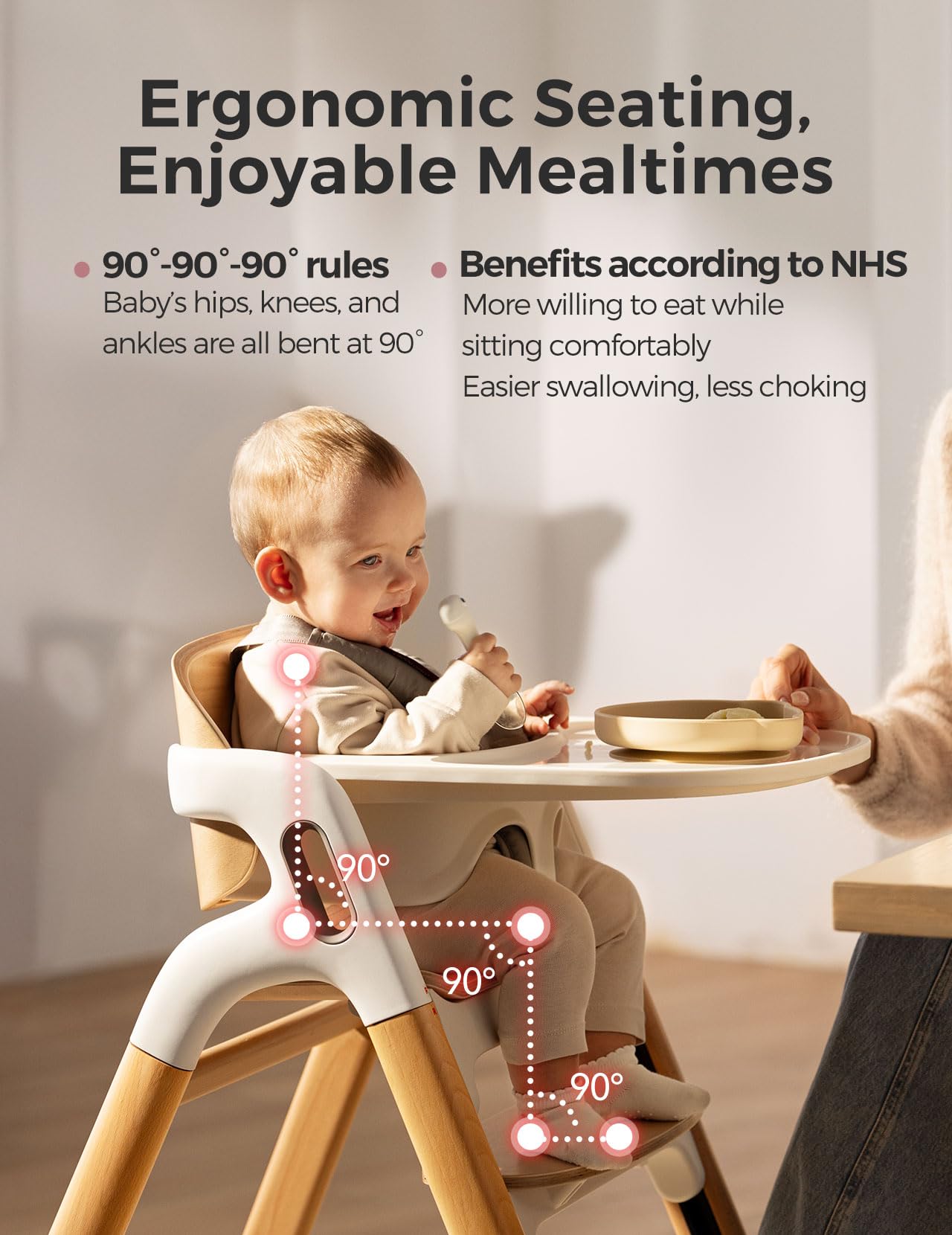 Momcozy DinerPal Convertible Wooden High Chair - Adjustable Baby & Toddler Highchair for Kids & Adults Up to 308 lbs - Ergonomic Design with Dishwasher-Safe Food-Grade Tray - Natural Wood Finish - Perfect for Dining, Kitchen & Family Gatherings