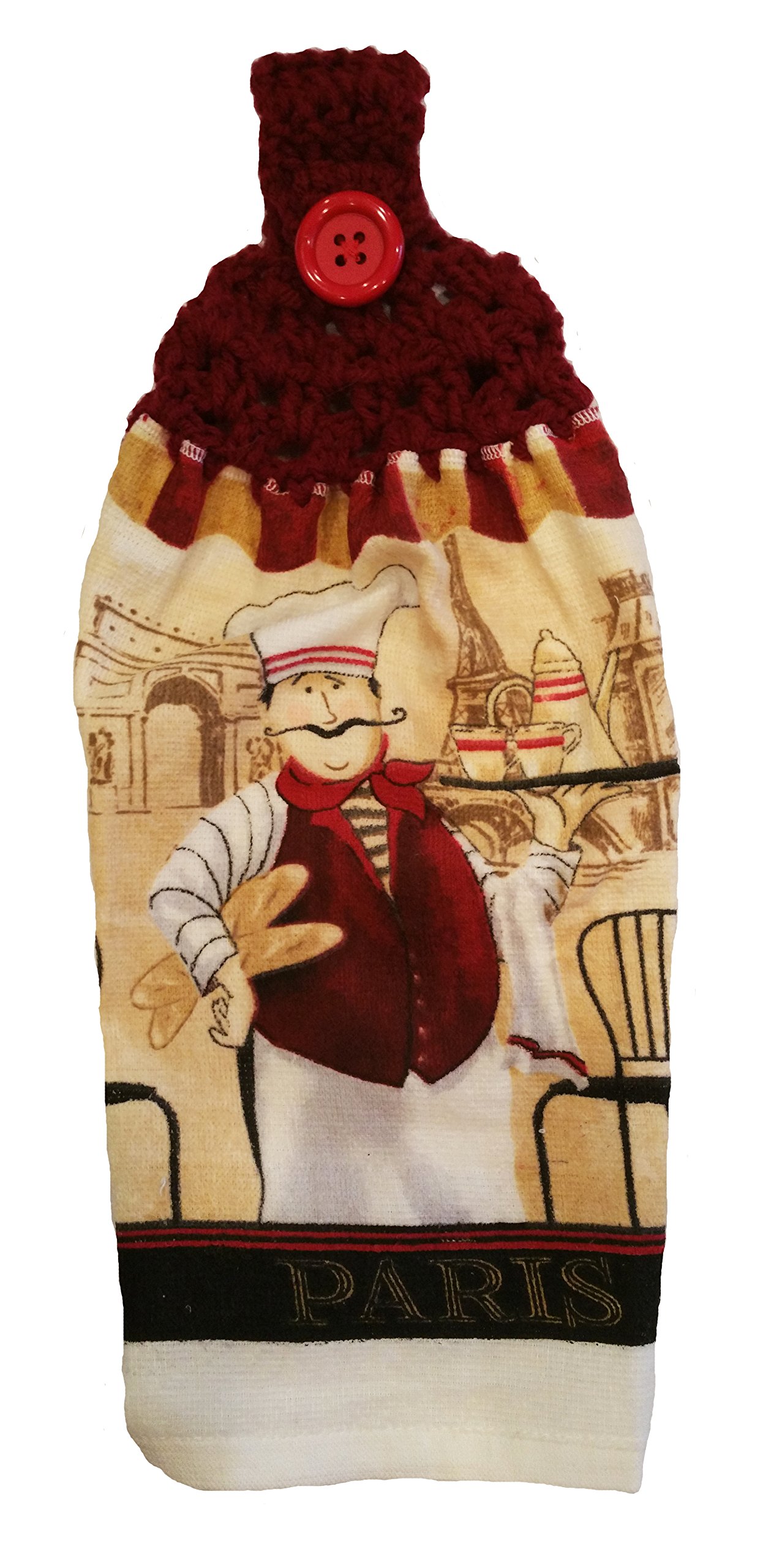 Handmade Burgundy Crochet Paris Chef Themed Kitchen Towel - Absorbent & Decorative for French Country Kitchens, Cooking Gifts & Farmhouse Decor