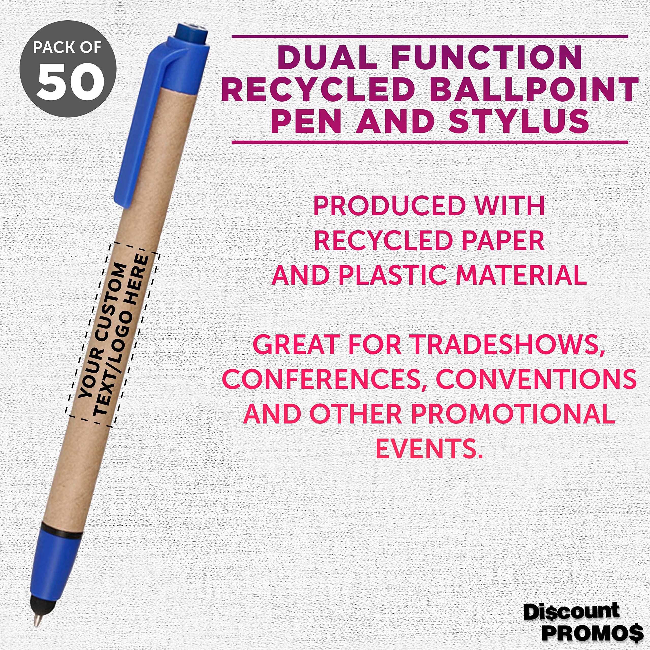 50 Pack Customizable Ballpoint Stylus Pens with Retractable Tip - Eco-Friendly Recycled Material - Add Your Logo/Text - Perfect for Office, School & Digital Note Taking