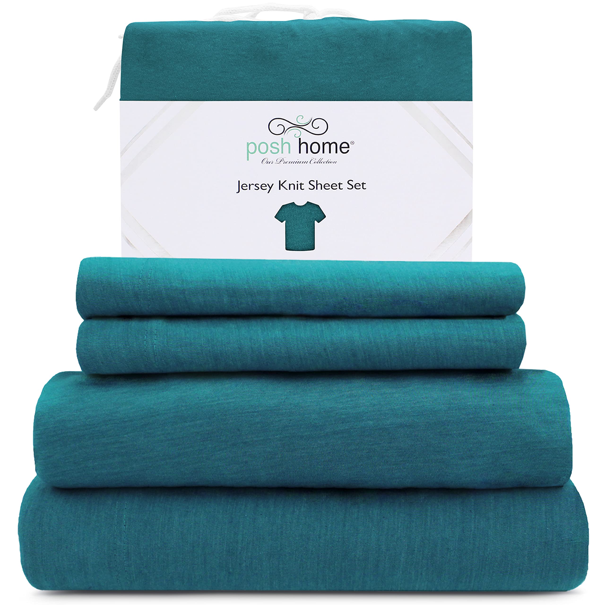 Posh Home Jersey Knit Sheet Set - 4-Piece Soft & Breathable Cotton Jersey Bed Sheets for California King Size - Includes Fitted Sheet, Flat Sheet & 2 Pillowcases in Teal - Perfect for Comfortable Sleep & Cozy Bedroom Decor